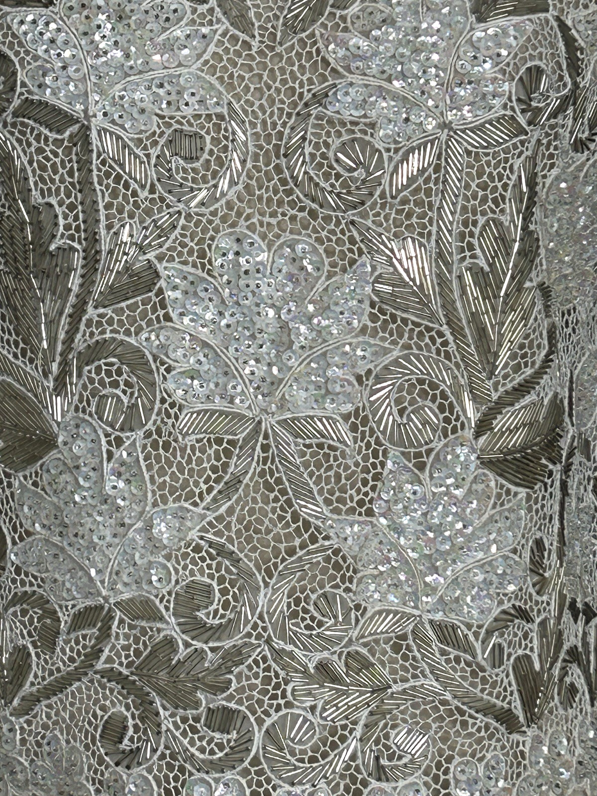 Vintage Hand Finished Floral Sequined White Silver Beaded Lace Applique Top