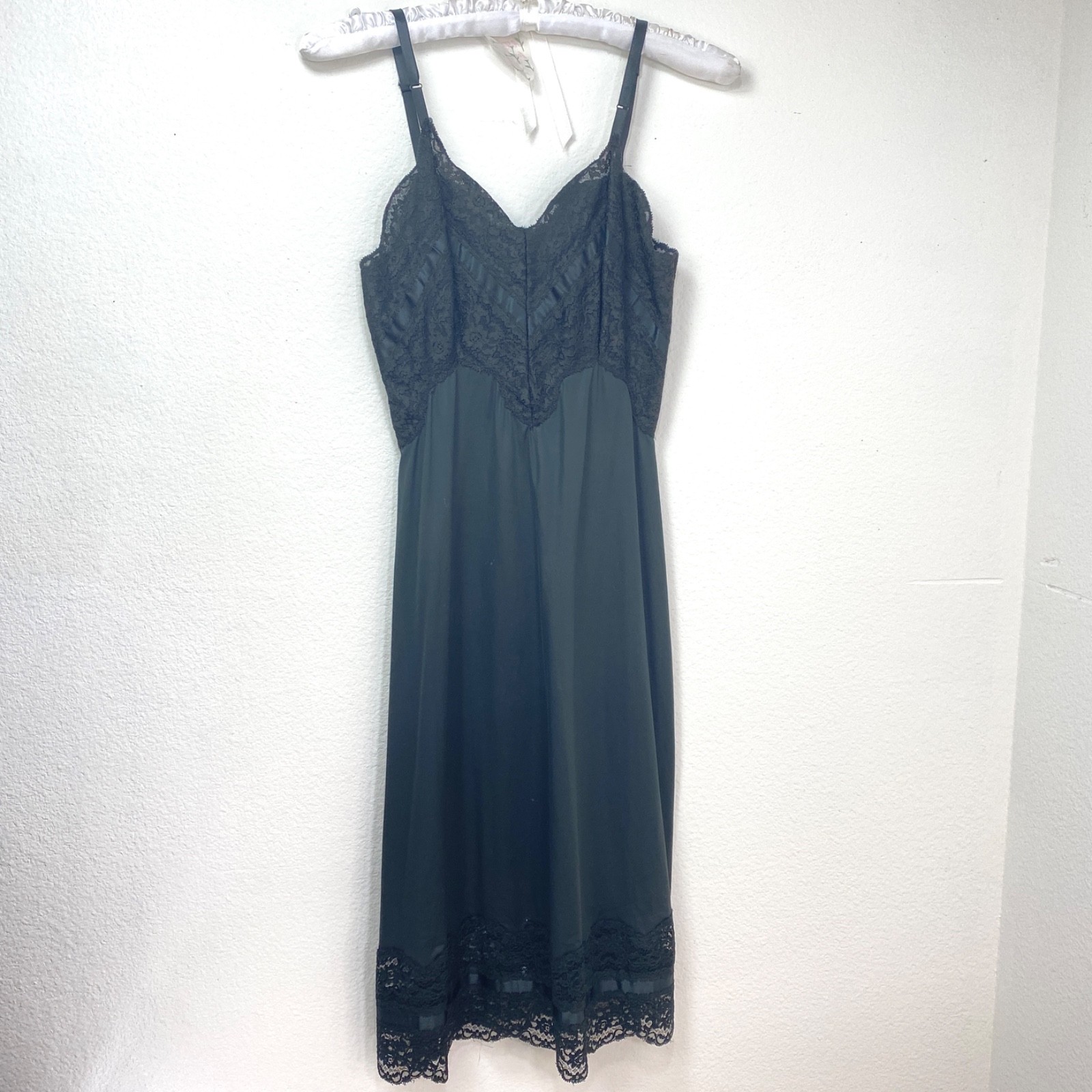 Vintage Charmode Black Full Nylon Tricot Baby Doll Slip Size 32 Lace Below Knee