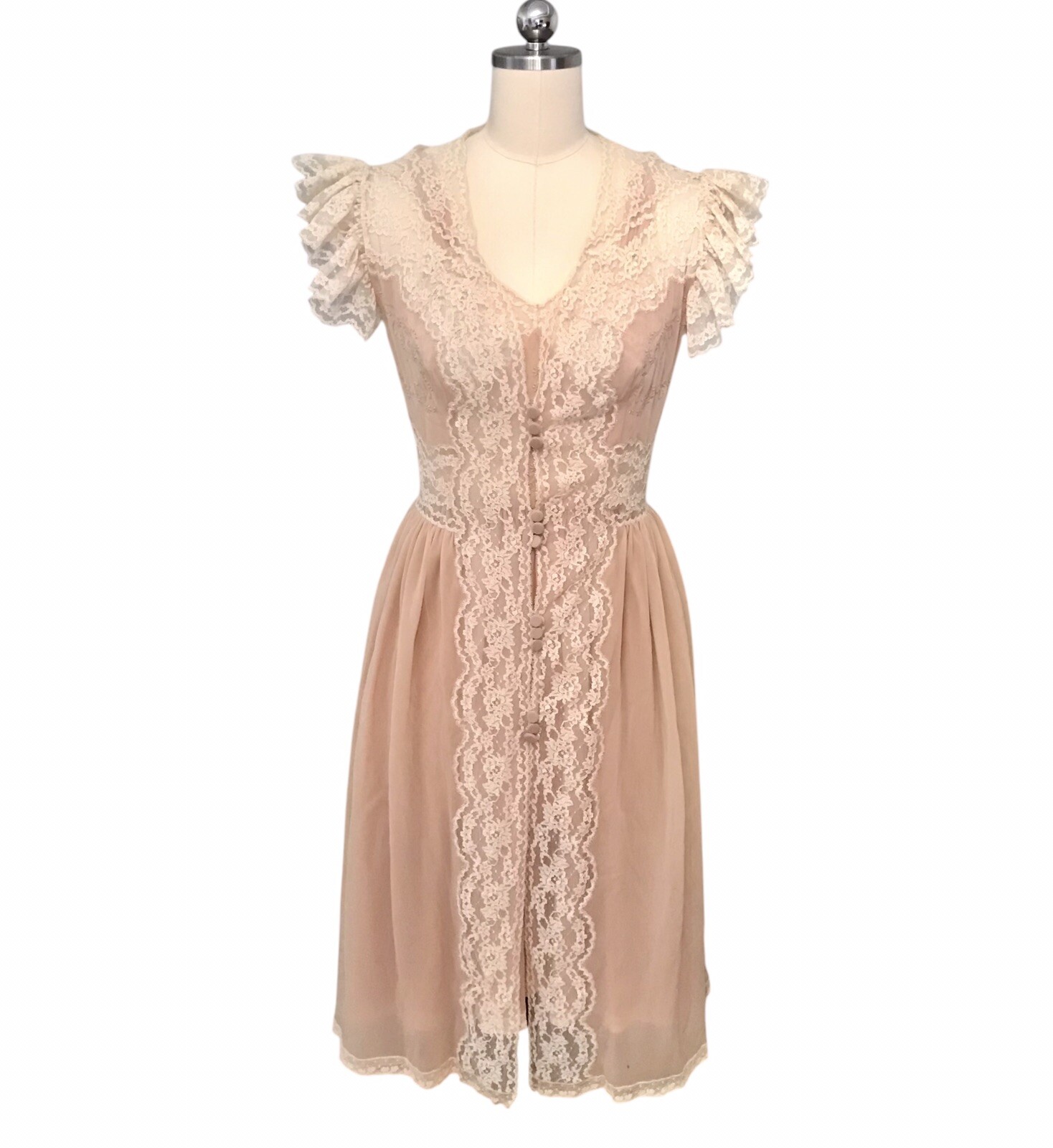 VTG Chiffon Babydoll Peignoir Set Sheer Lace Ruffle Romantic Victorian Women’s S