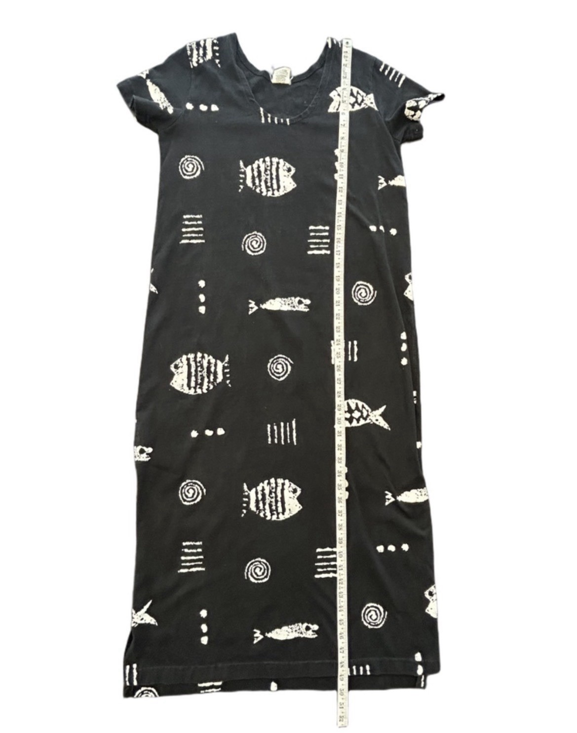 VTG 90s resort-wear tribal fish pattern cotton made USA maxi dress S Petite
