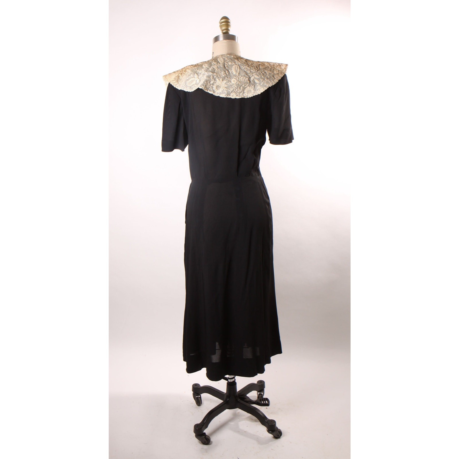 1940s Cream Black Lace Short Sleeve Formal Dress by Eisenberg Originals