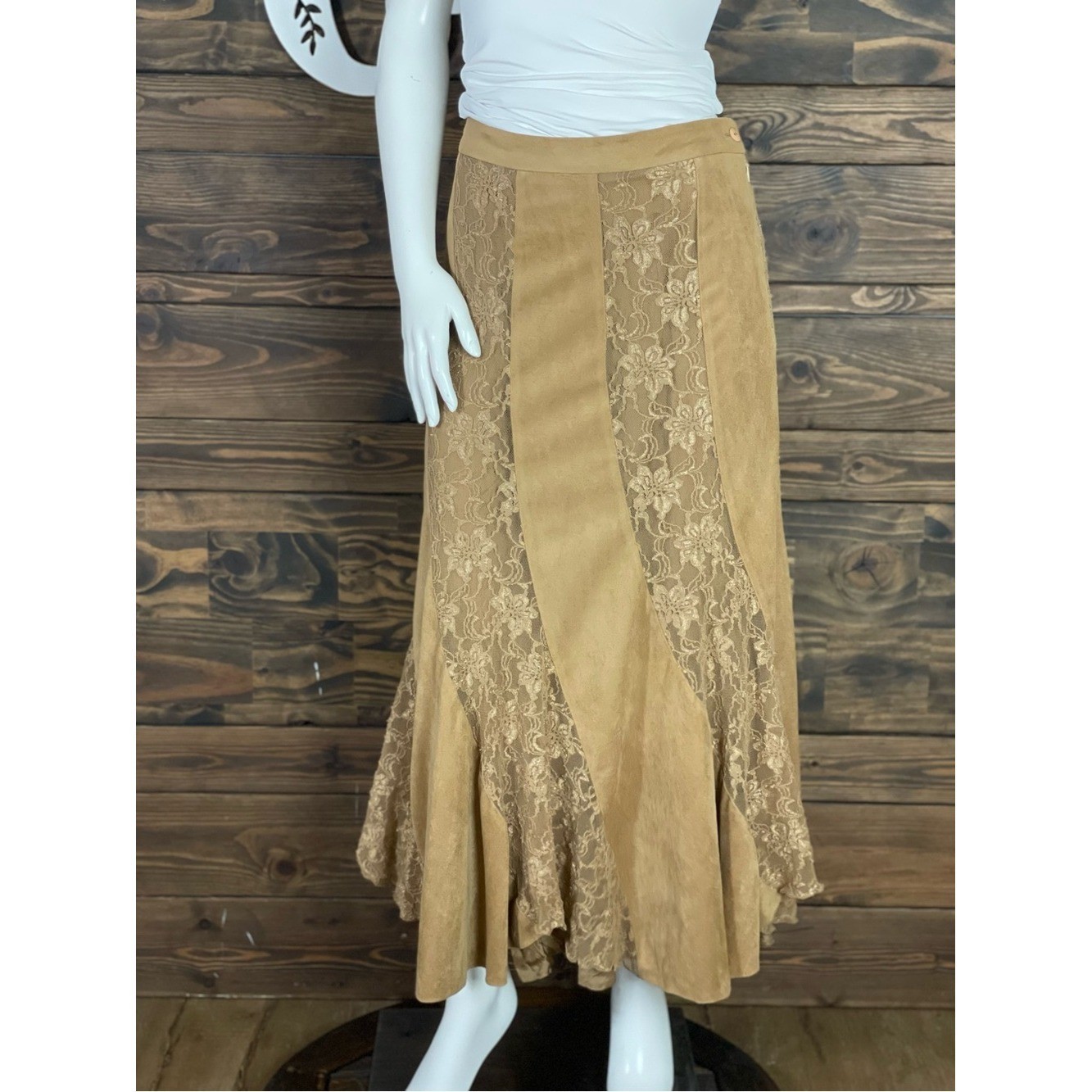 Ribcoff Trends Vintage Lace Panel Midi Skirt Suede Tan Color Flowy Fir and Flare