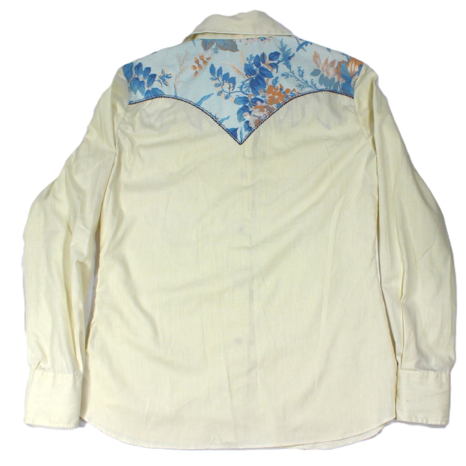 Vintage 70s Karman Western Shirt S/M Thin Floral Embroider Flame Snap Yoke USA