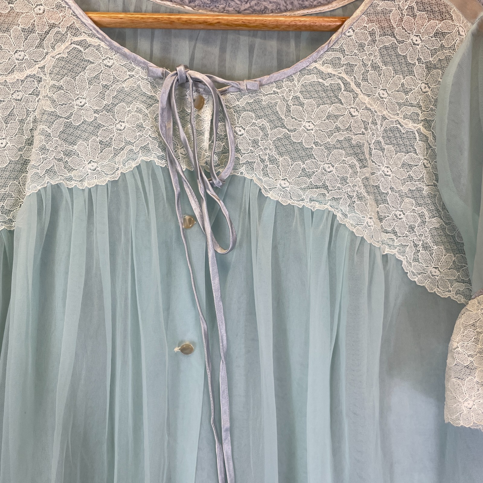 Vintage 60s 70s Evette Chiffon Babydoll Nightgown Peignoir Lace Sheer Size Large