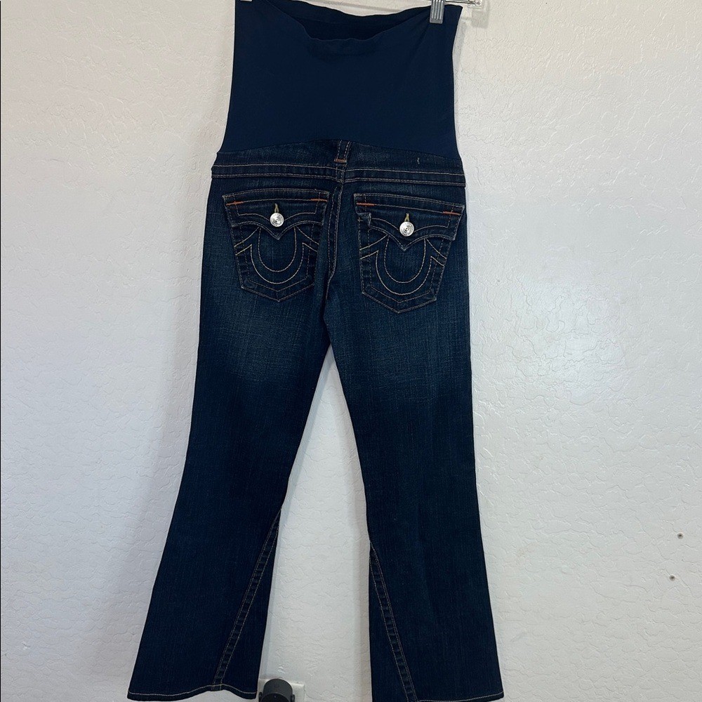 True Religion women’s 28 Dark Wash Maternity Wide Leg Jeans pea in the pod boot
