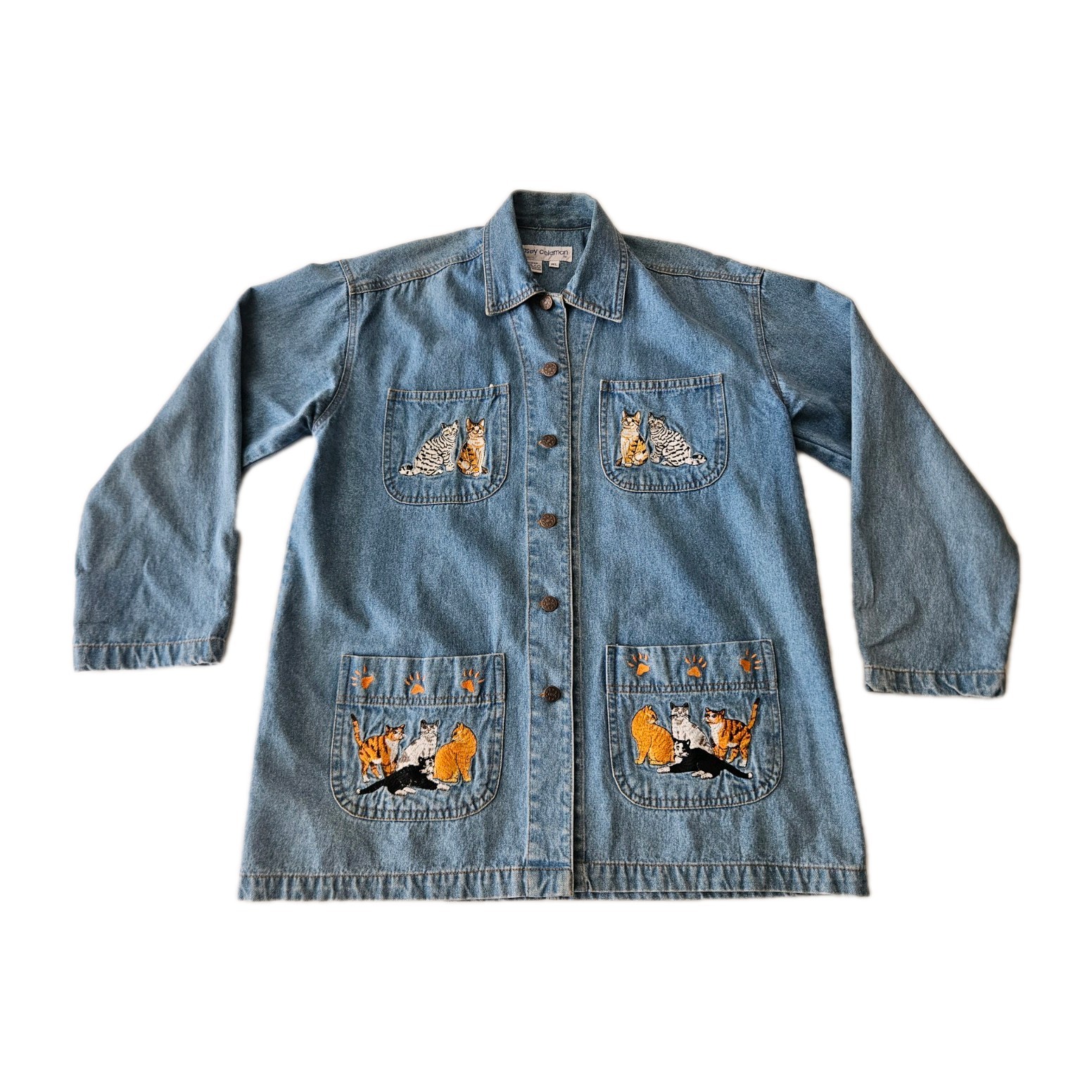 Vtg Casey Coleman Denim Cat Embroidered Button-Up Chore Jacket Cottagecore M/L