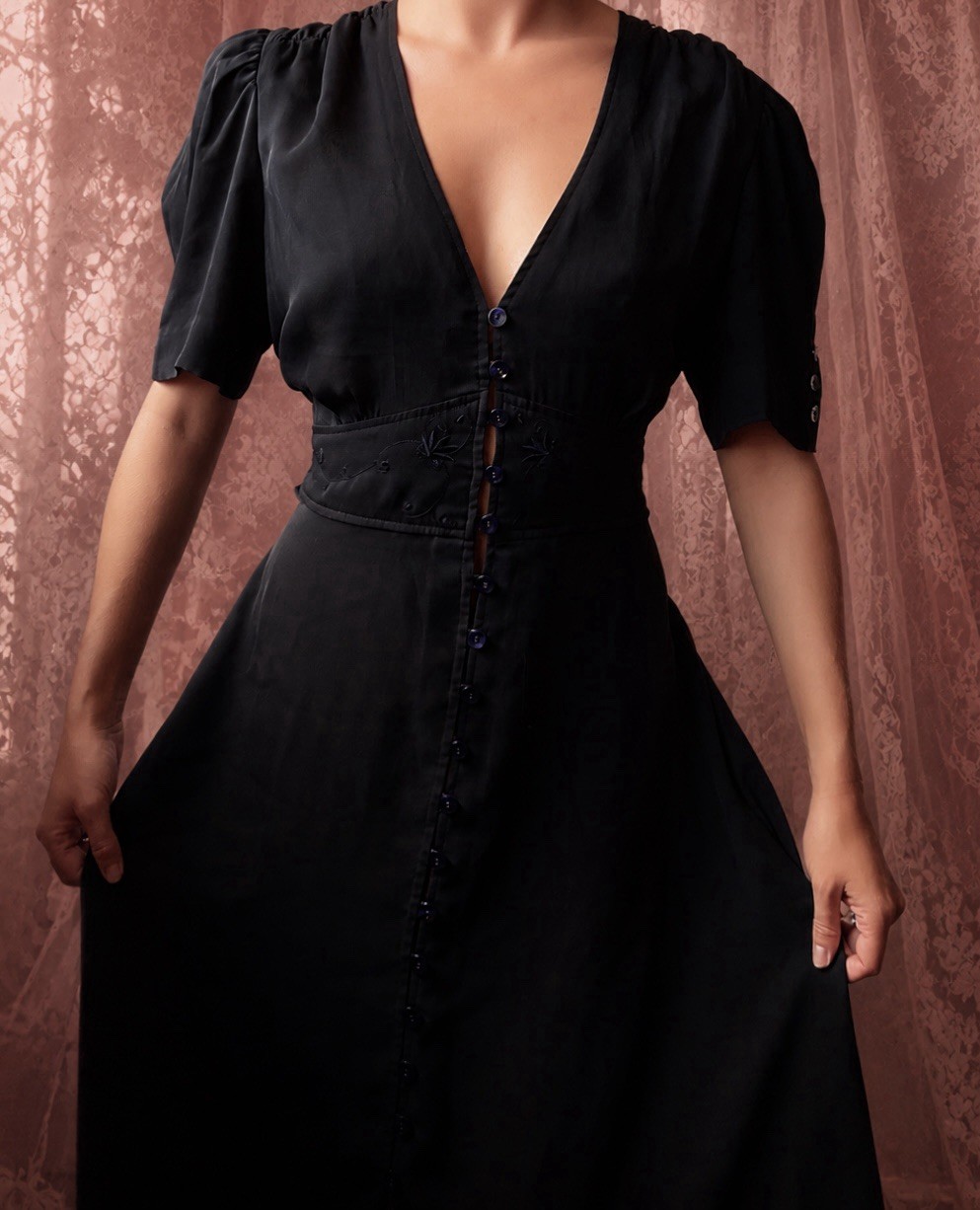 1990s dark blue chiffon 1940s style dress