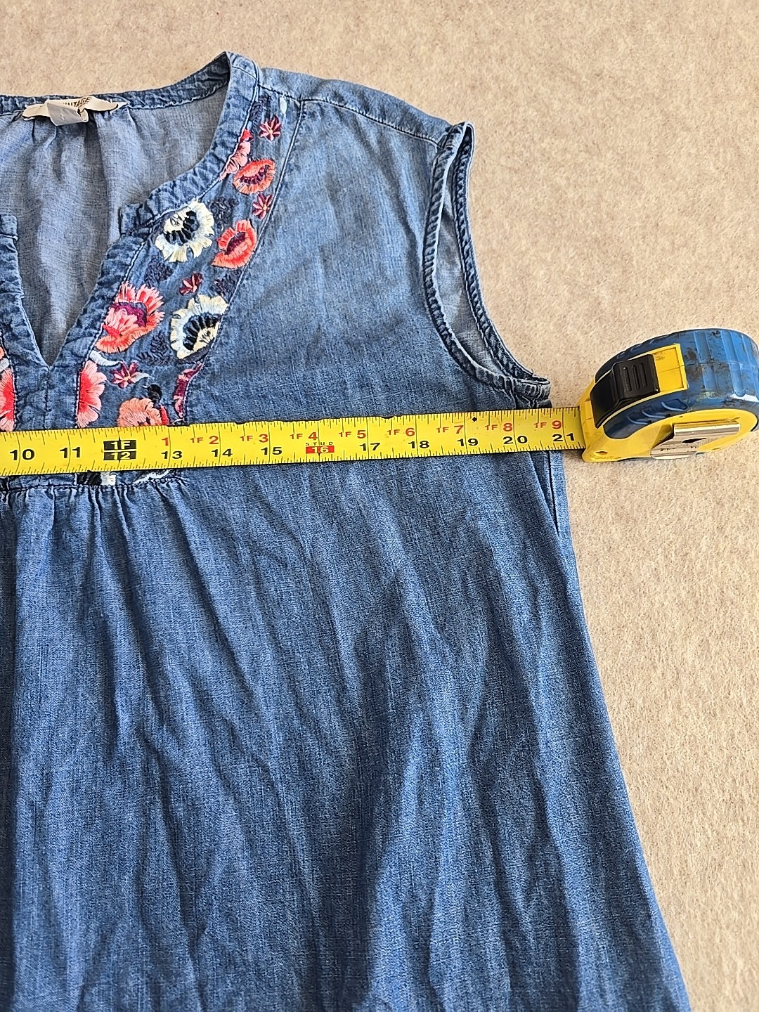 Vintage America Blue Jean Sleeveless Diana Blouse Embroidered Floral, L. Pockets
