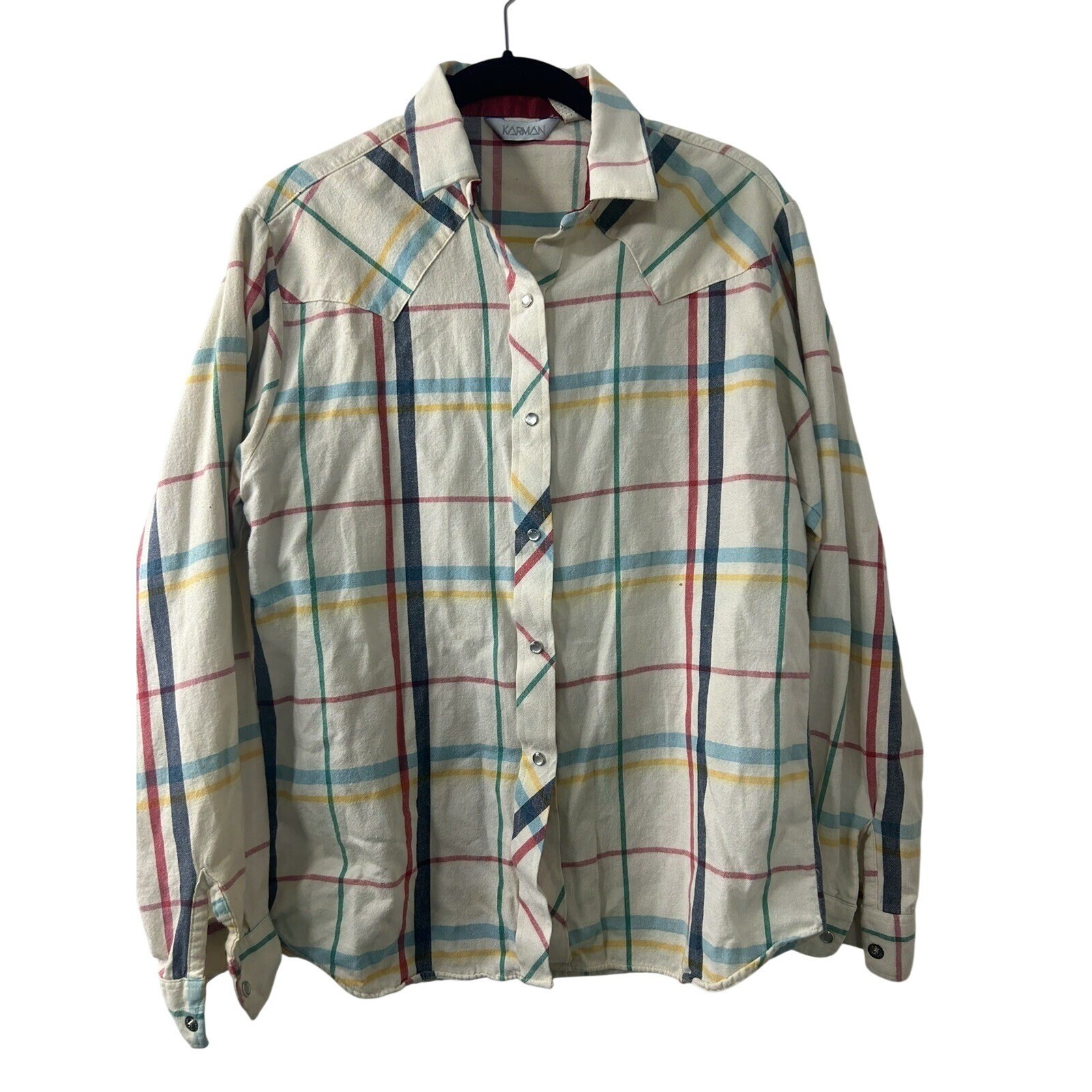 Karman Vintage Womens Western Pearl Snap Shirt Rainbow Plaid Ivory Size 11/12