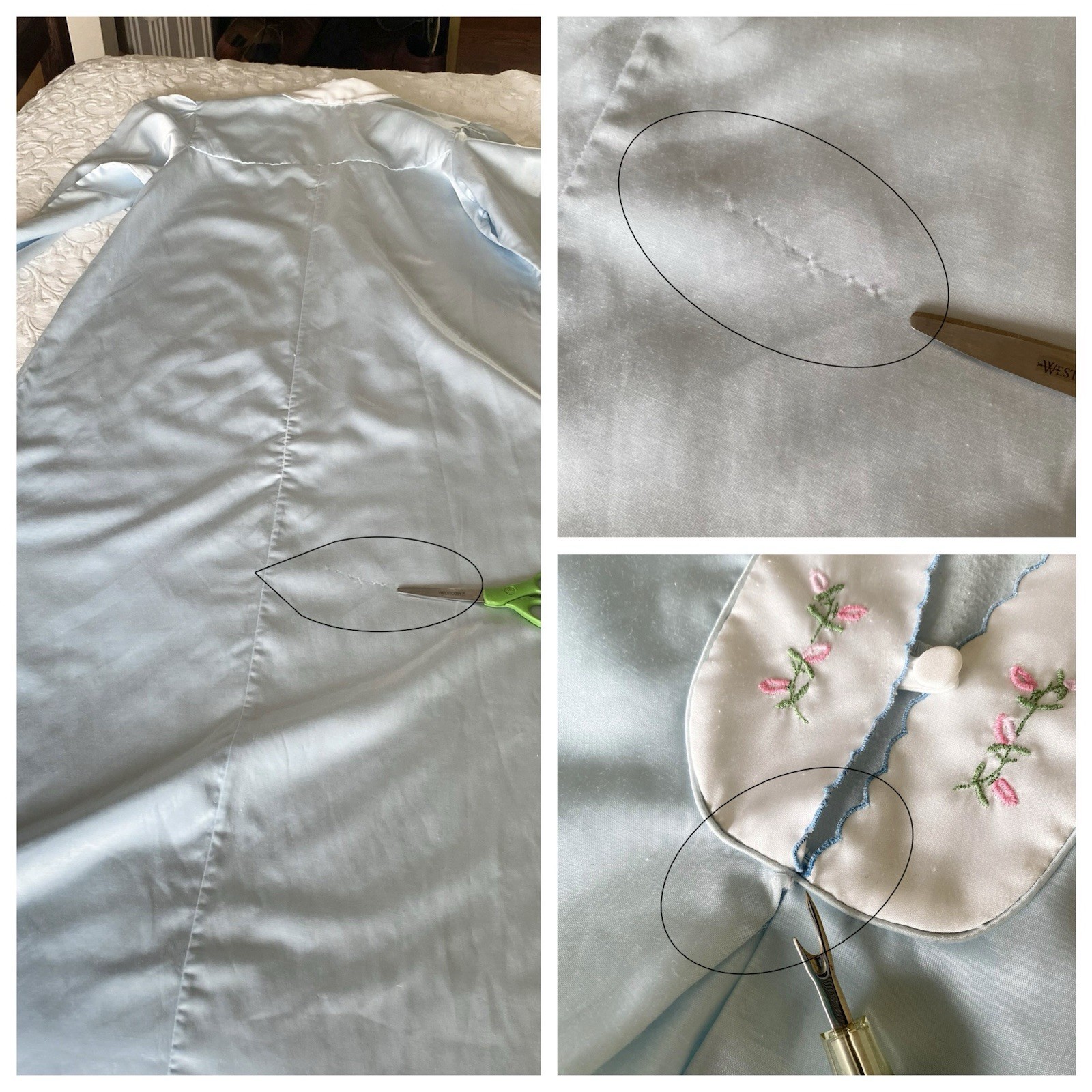 Vtg Jodie Arden Blue Satin Nightgown M Embroidered Floral Scallop Trim Long READ