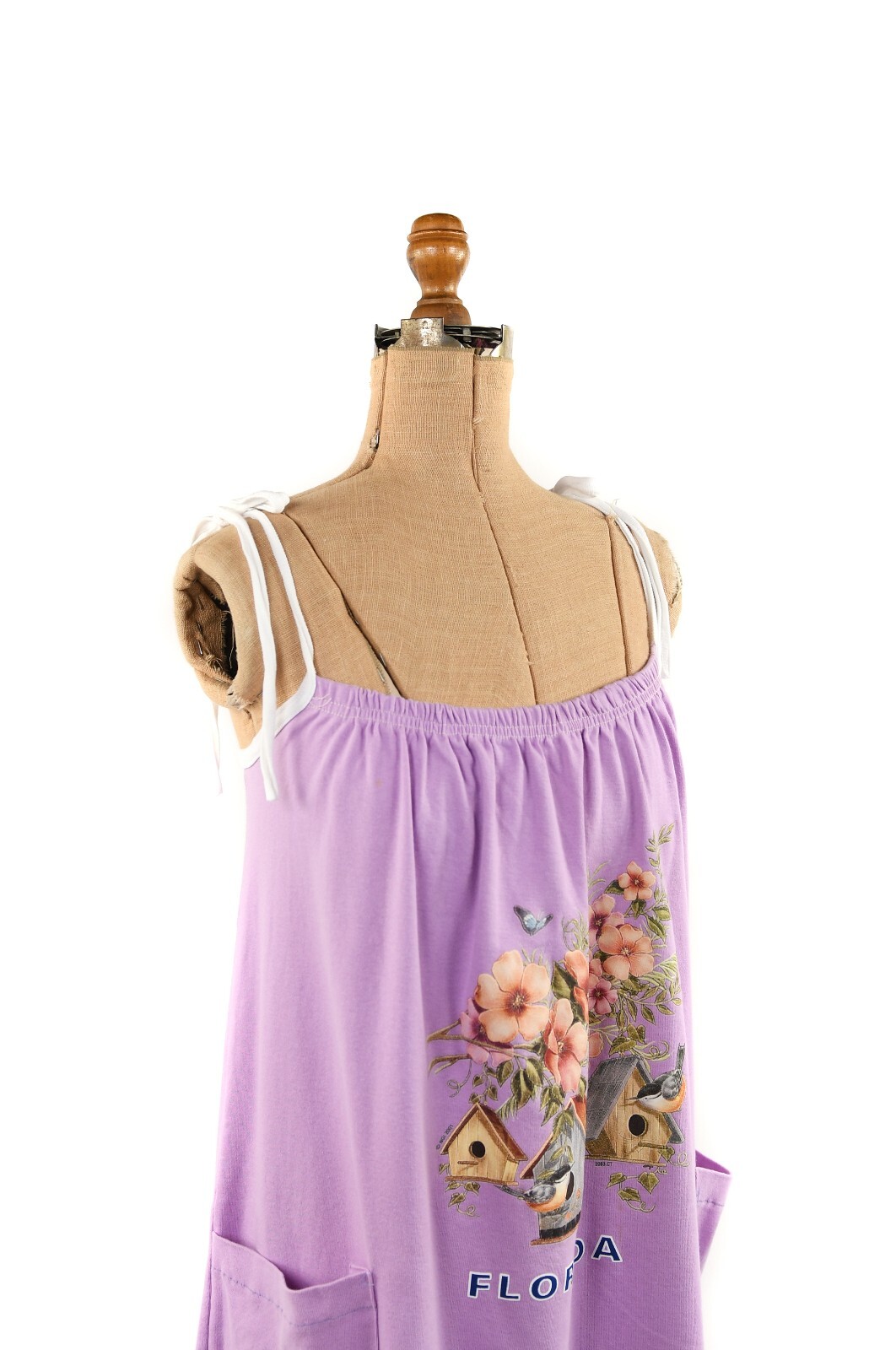 Vintage 80s Pale Purple Lilac Bird + Birdhouse Screen Print Shift Tie Sundress M