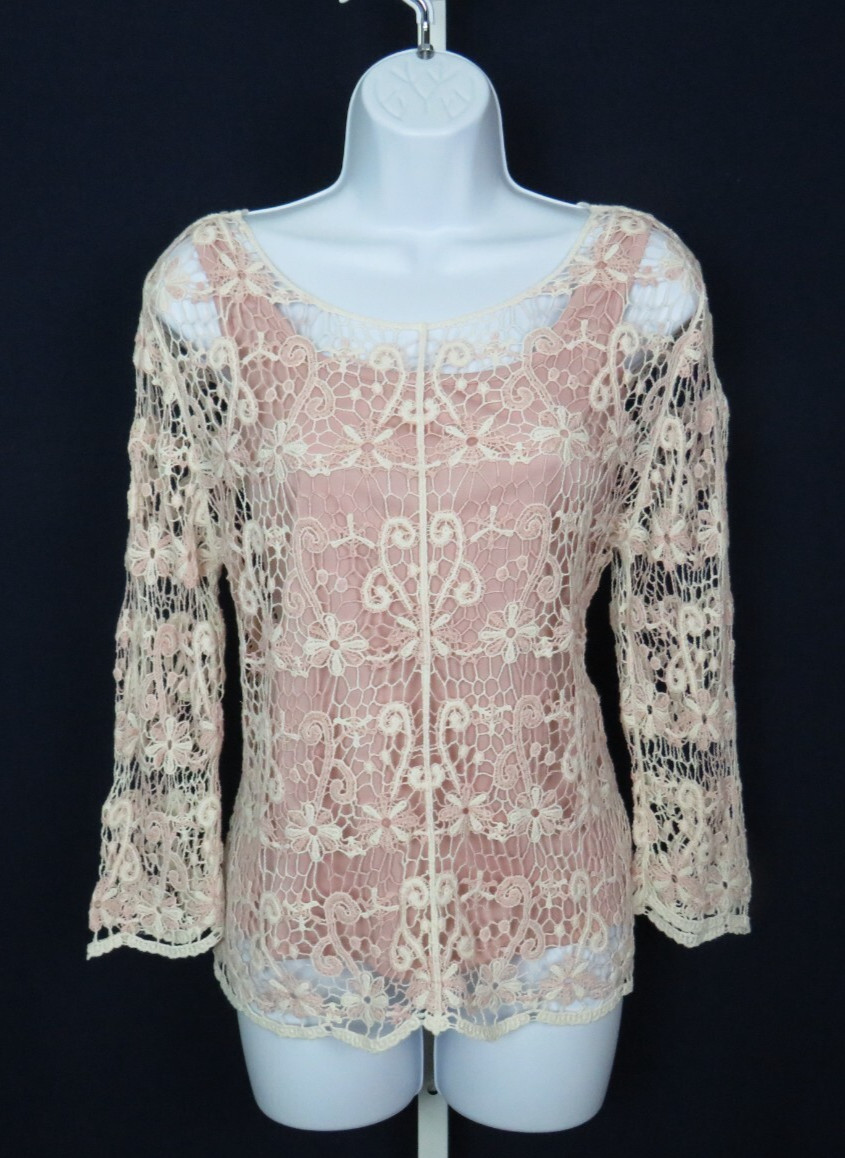 VTG 1980s 90s OSCAR DE LA RENTA ACTIVE FLORAL CROCHETED LACE TOP CREAM MAUVE