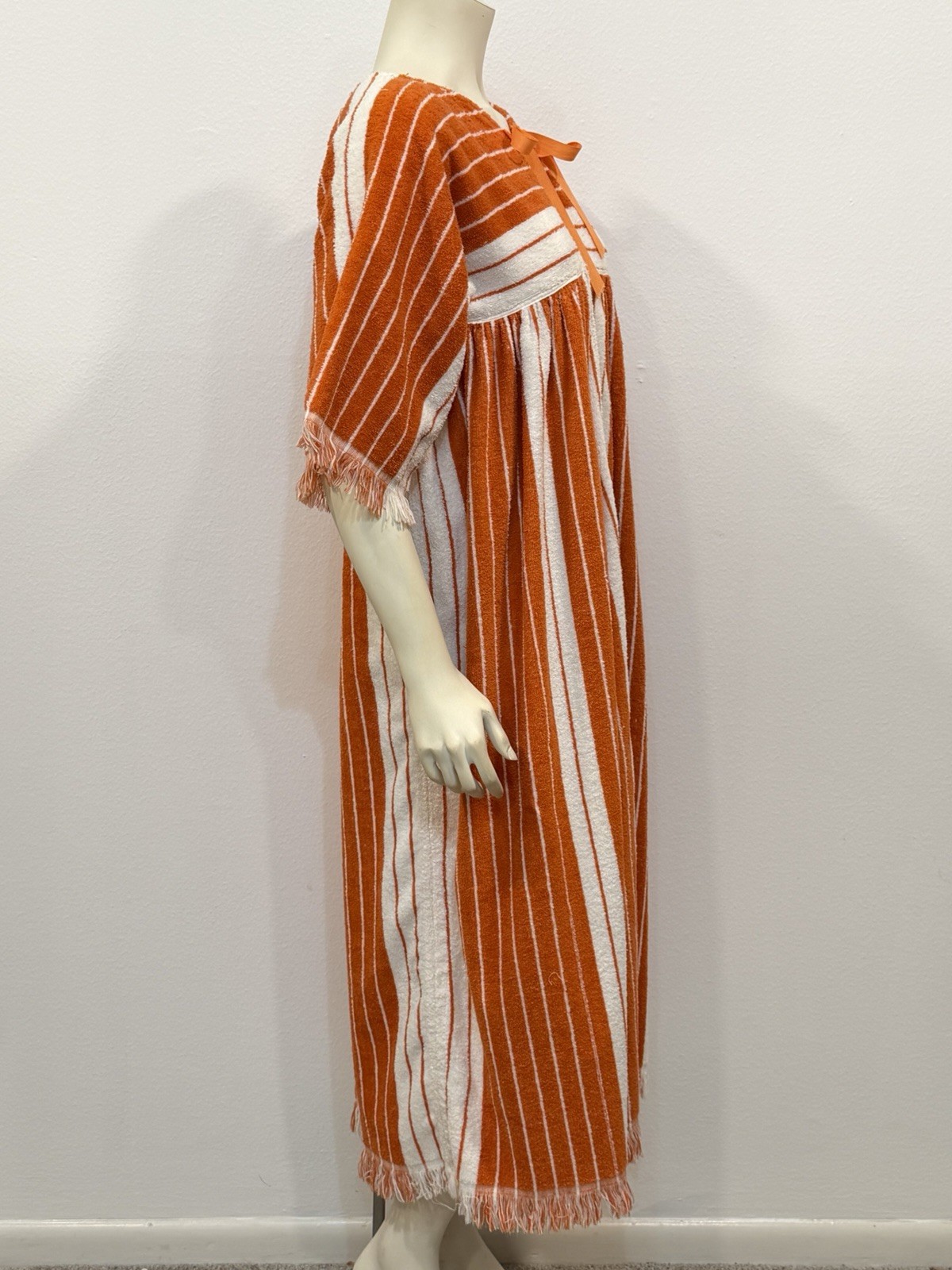 Vintage 60s Terrycloth Towel Dress Coverup Caftan Orange & White Fringe Sz S