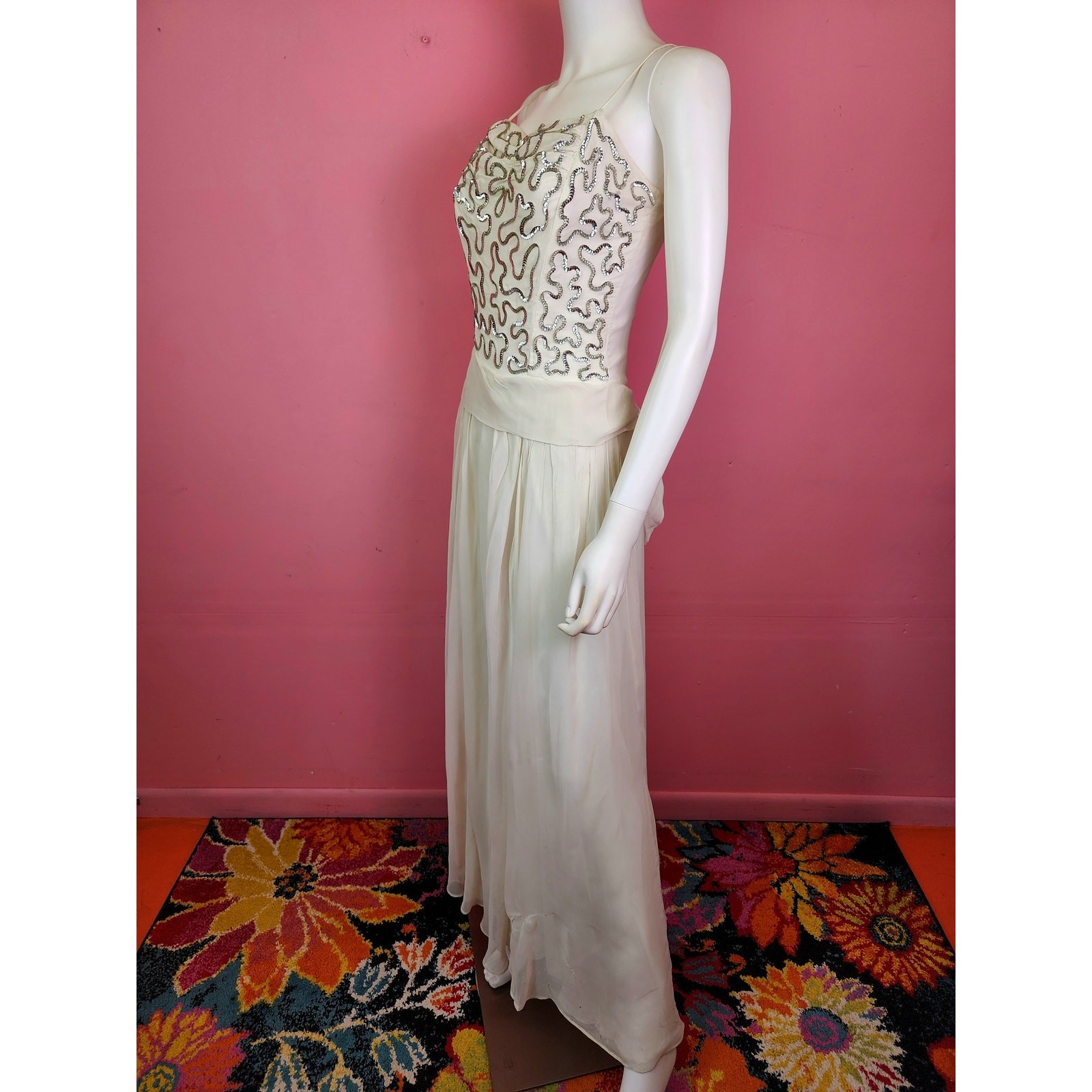 Vintage Late 1940’s White and Silver Sequin Bodice Chiffon Gown with Bow Back
