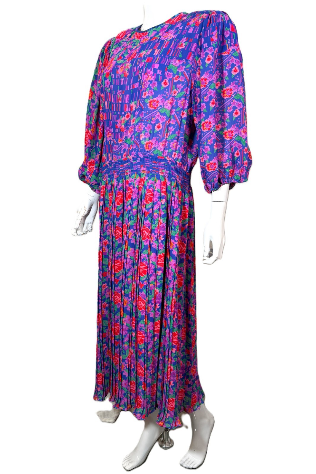 Vintage Diane Freis Bright Blue Floral Print Dress, Signature Fabric