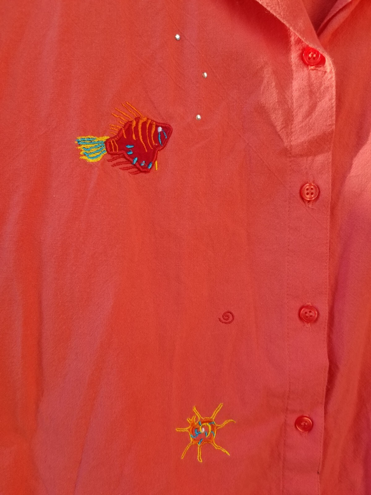 FUN PEACH 80s VINTAGE Sz 16/18 XL Nautical Embroidery SS Cotton Blouse Top SMALL
