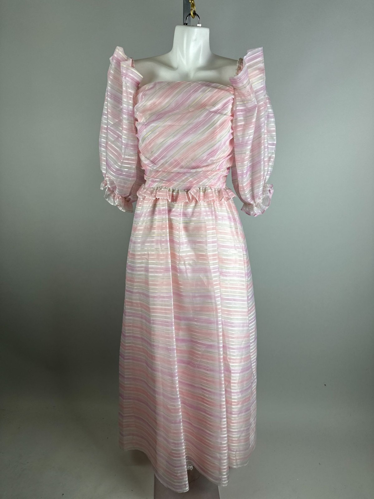 Vtg 80s Cotton Candy Pink Striped Puff Shoulder Party Dress Fairy kawaii 12