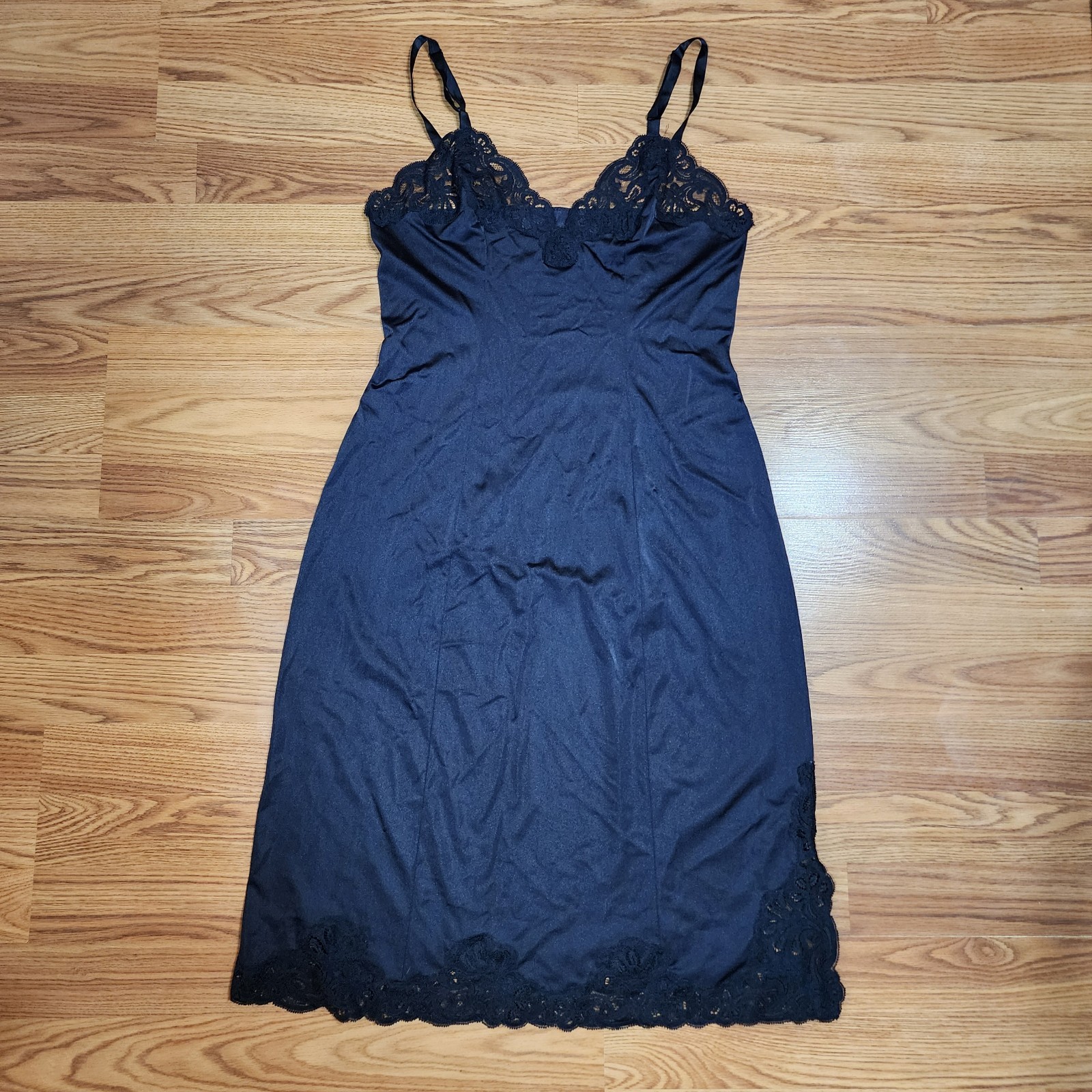 Vtg Shadowline Lingerie Black Slip Babydoll Dress 36 Tall Modest Goth Coquette