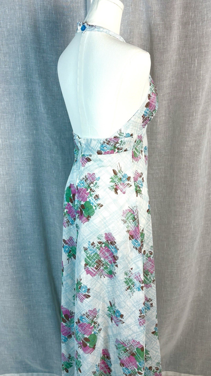 Vintage 70’s White Halter Maxi Dress Floral Backless Boho Hippie Size XS Small
