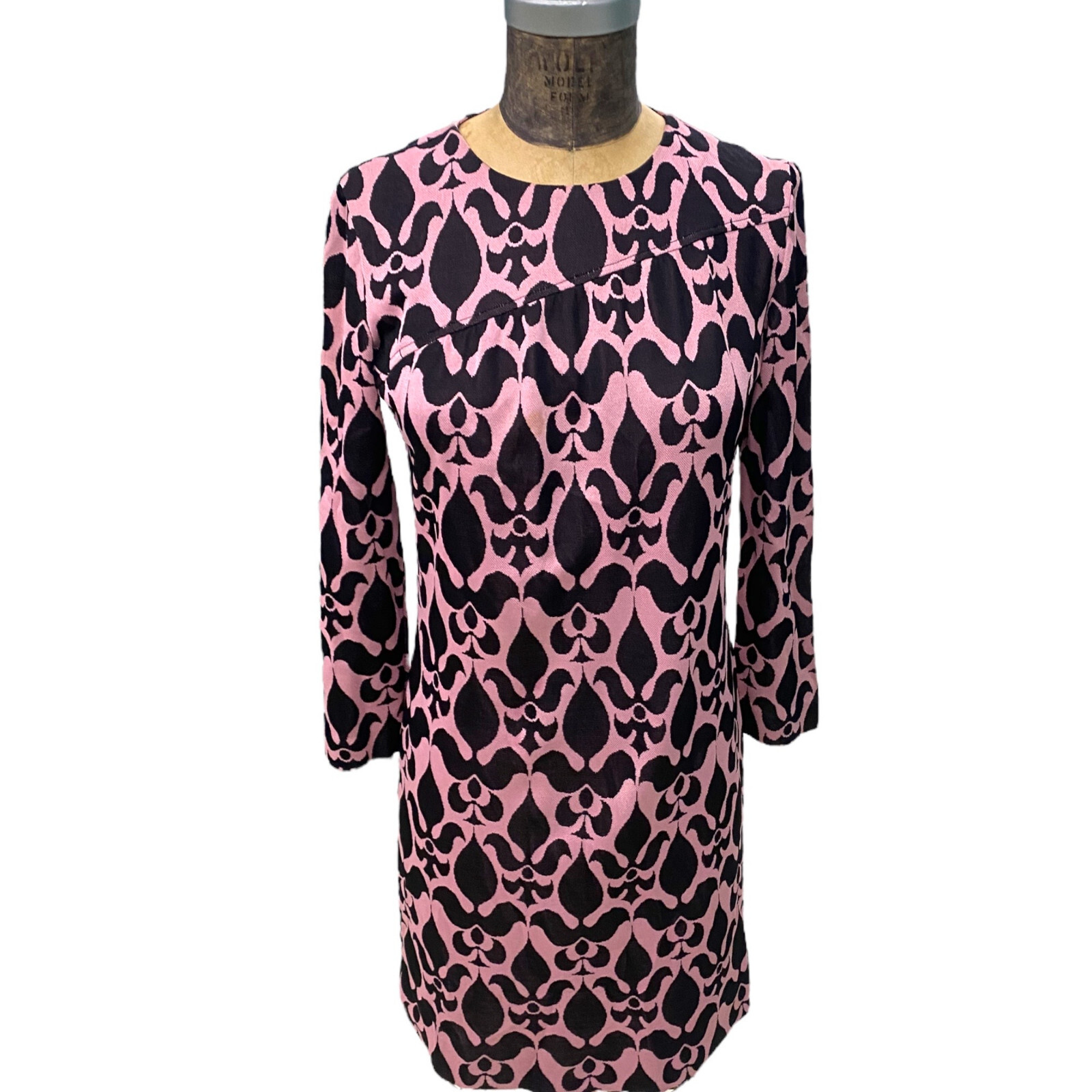 Vintage 1960s Pink & Black Mod Pattern Kimberley Knit Midi Dress Med