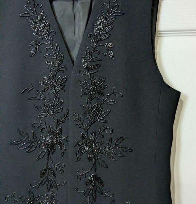 Vintage Liz Claiborne Collection 1990s Bead Embellished Vest Hook/Eye Black M