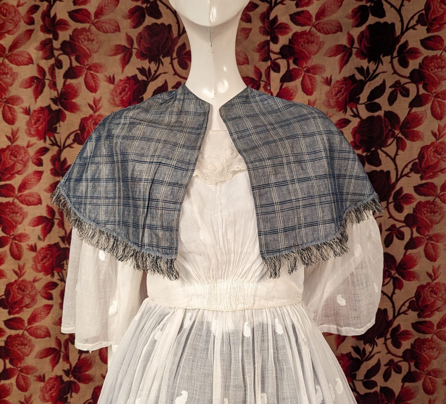 MID 19TH C BLUE GREY PLAID PELERTINE CAPE FOR DRESS W SILK FRINGE TRIM