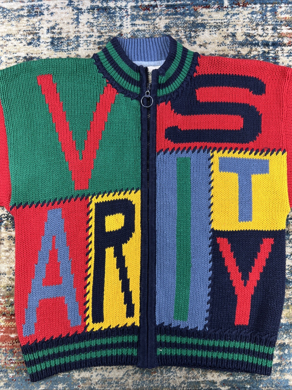Vtg 90 Sportables “VARSITY” Colorblock Sweater Full Zip Womens Sz L Ramie Blend