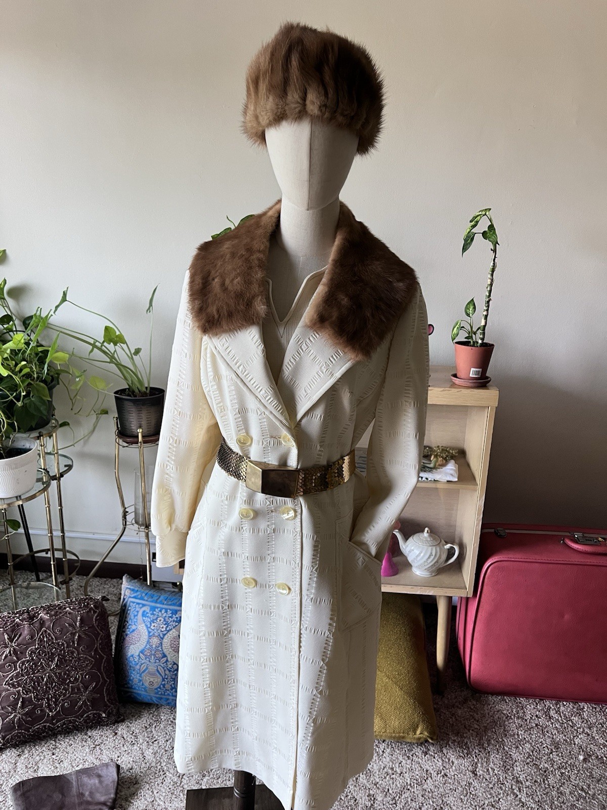 VTG 1960s 2pc MOD Cream Double-Breasted Princess Coat W/ Shift Dress – L/XL