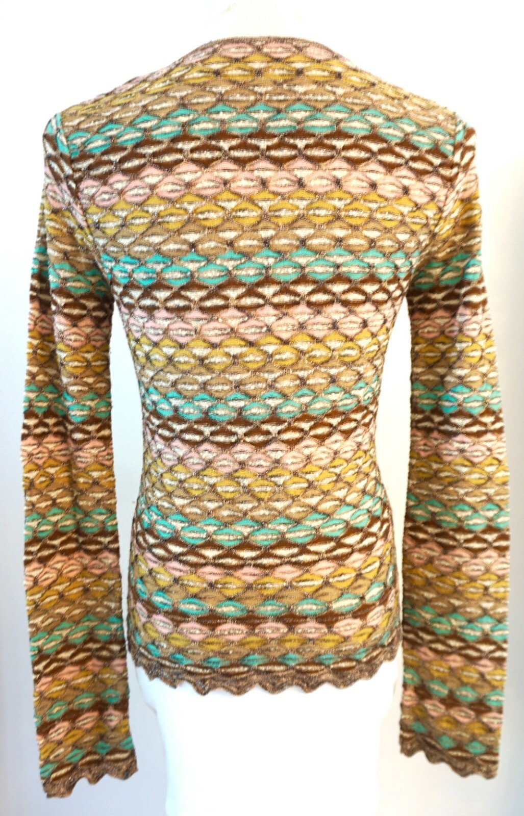 Vtg 70s MISSONI Multicolor Metallic Stretch LS Top w/Zigzag Hem – Sz S/40