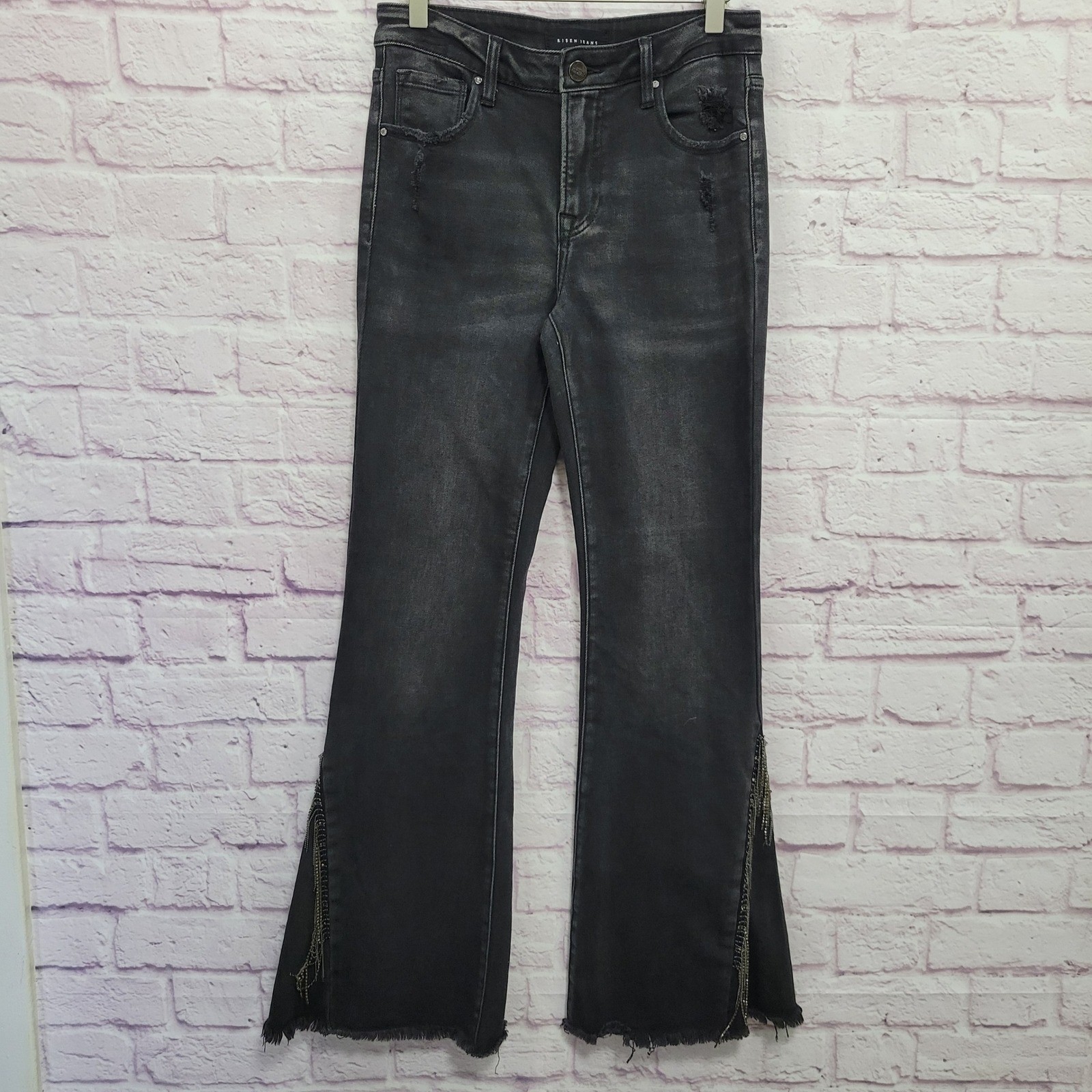 Risen Black Flare Jeans Womens 7 Rhinestone Fringe Distressed Goth Coachella Y2K