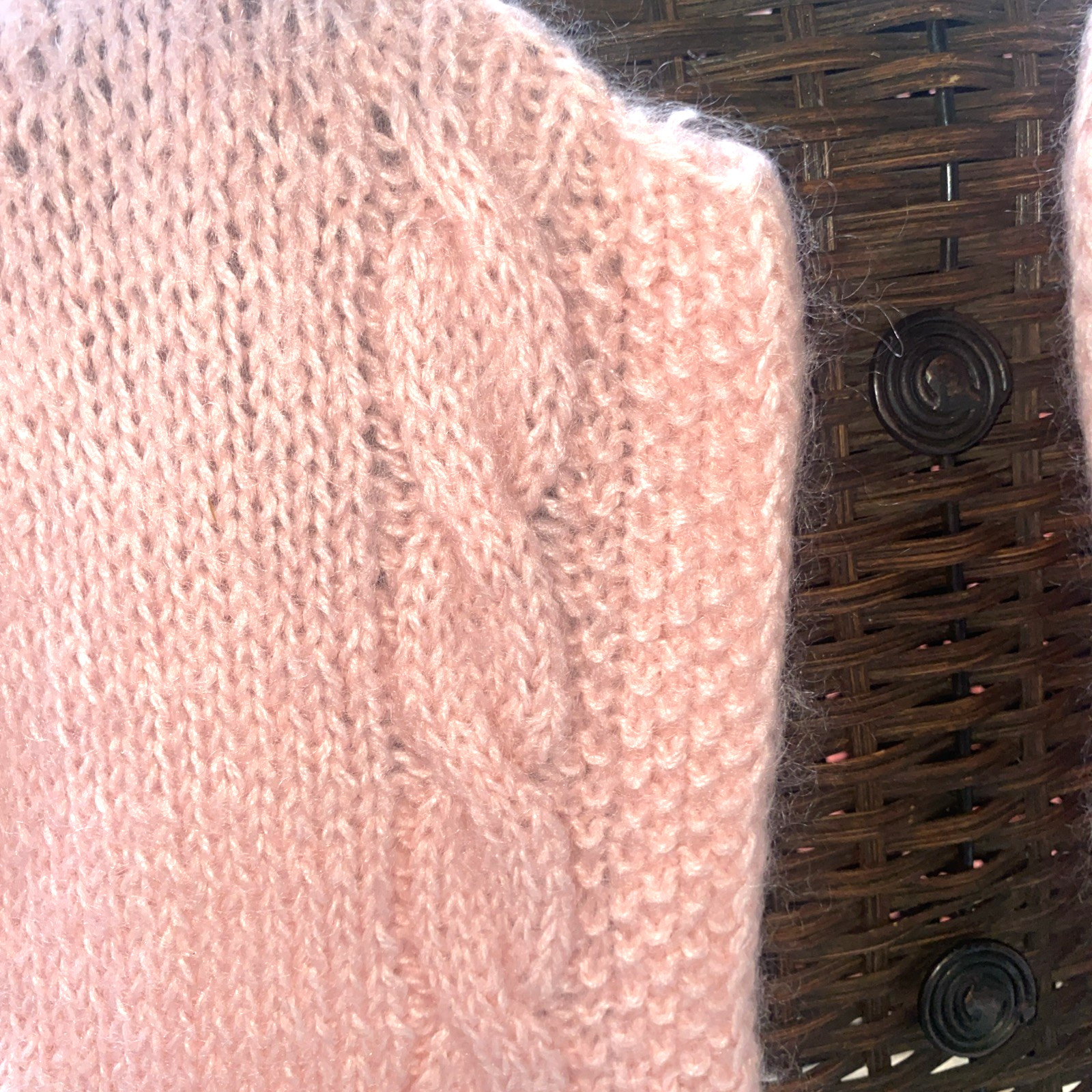 Vintage Pink Mohair Cardigan Hand Knit Cable Stitch Large
