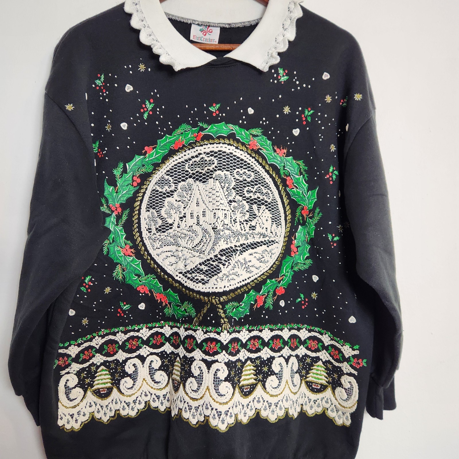 Vintage NutCracker Christmas Sweatshirt Collar Cottagecore Grandma XL Sweater