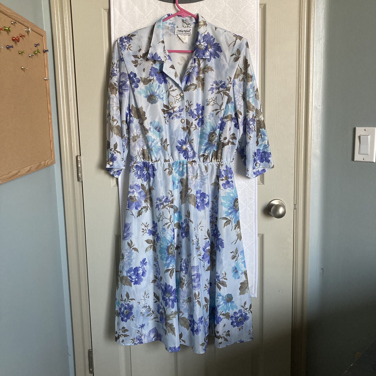Vtg Anthony Richards Dress Sz 16P Blue White 3/4 Sleeve 80’s Secretary