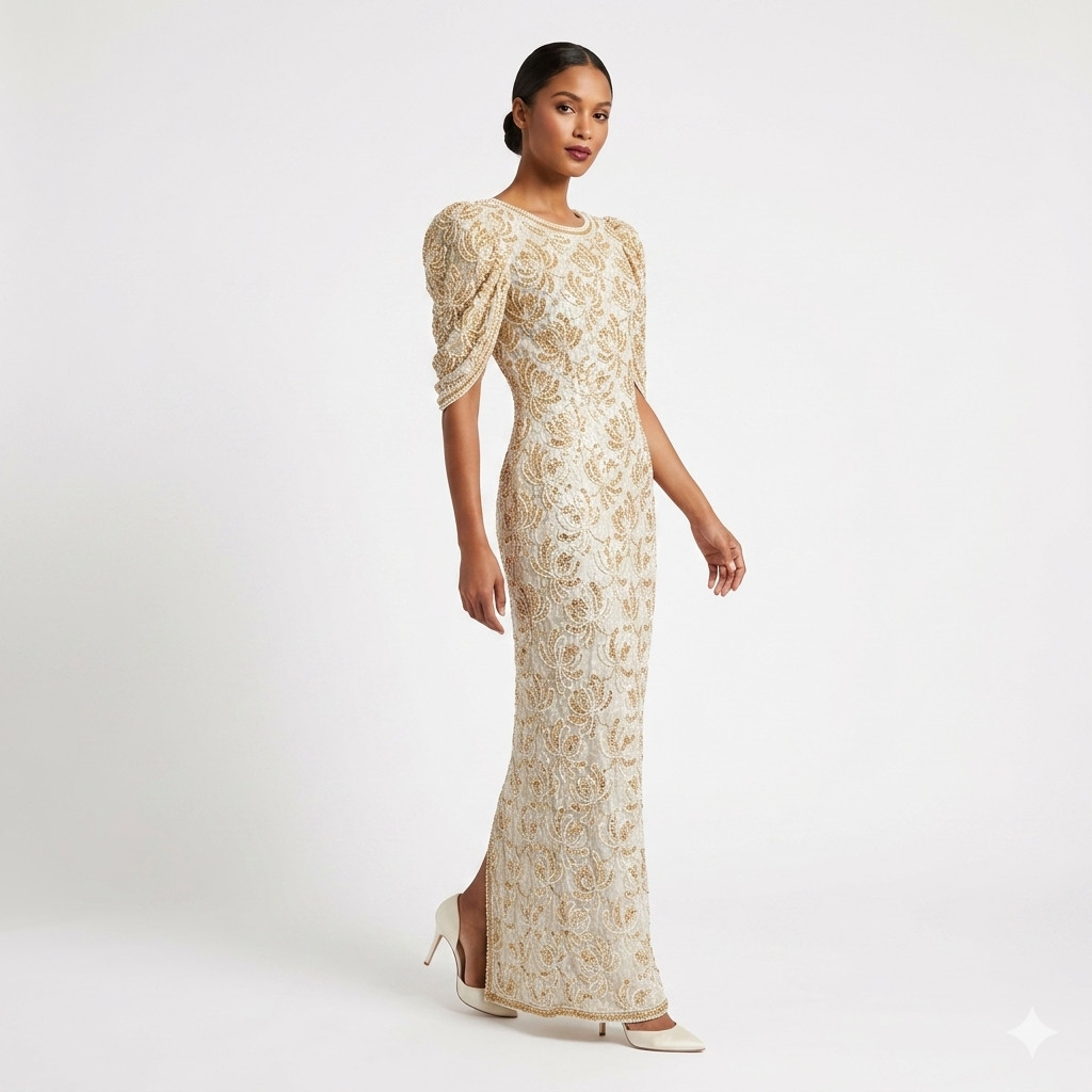 VINTAGE 80s Judith Ann Creations Ivory Gold Beaded Sequin Gown Dress Small