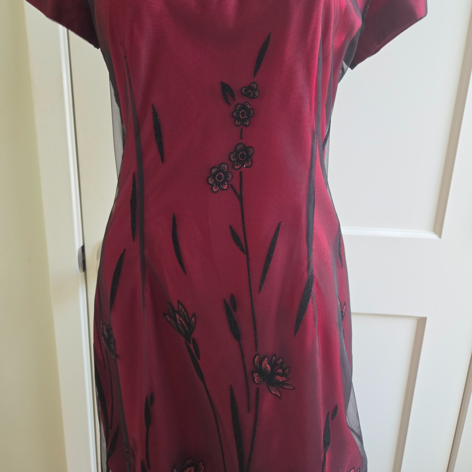 Vintage 90s Virgo II Burgundy Black Floral Mesh Maxi Dress Size 8 USA