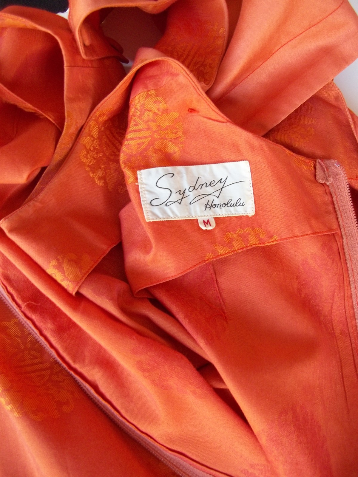 Vintage 50’s 60’s Sydney Honolulu Hawaiian Dress Orange Back Drape + Belt Silk M