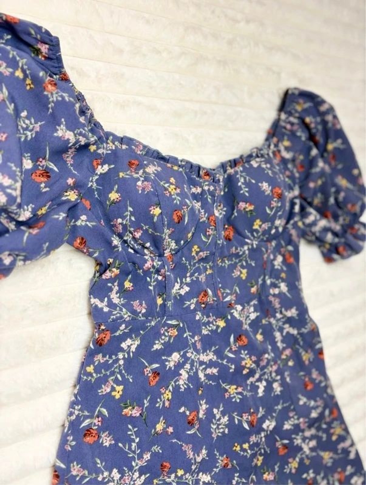 Blue Floral Puff-Sleeve Midi Dress