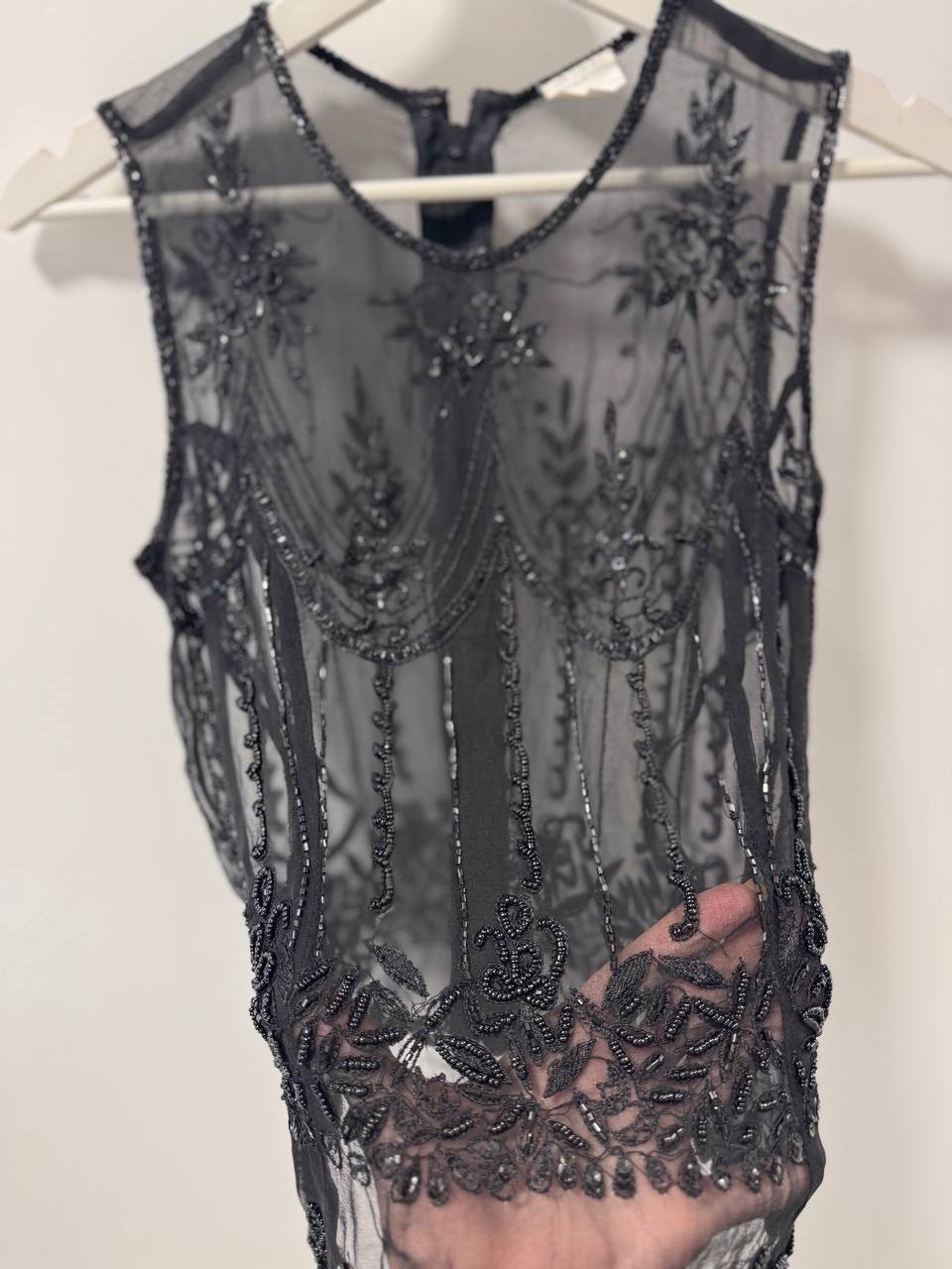 Vintage Black 100% Silk Hand Beaded Sheer Top Women’s Size S Art Deco Style Made