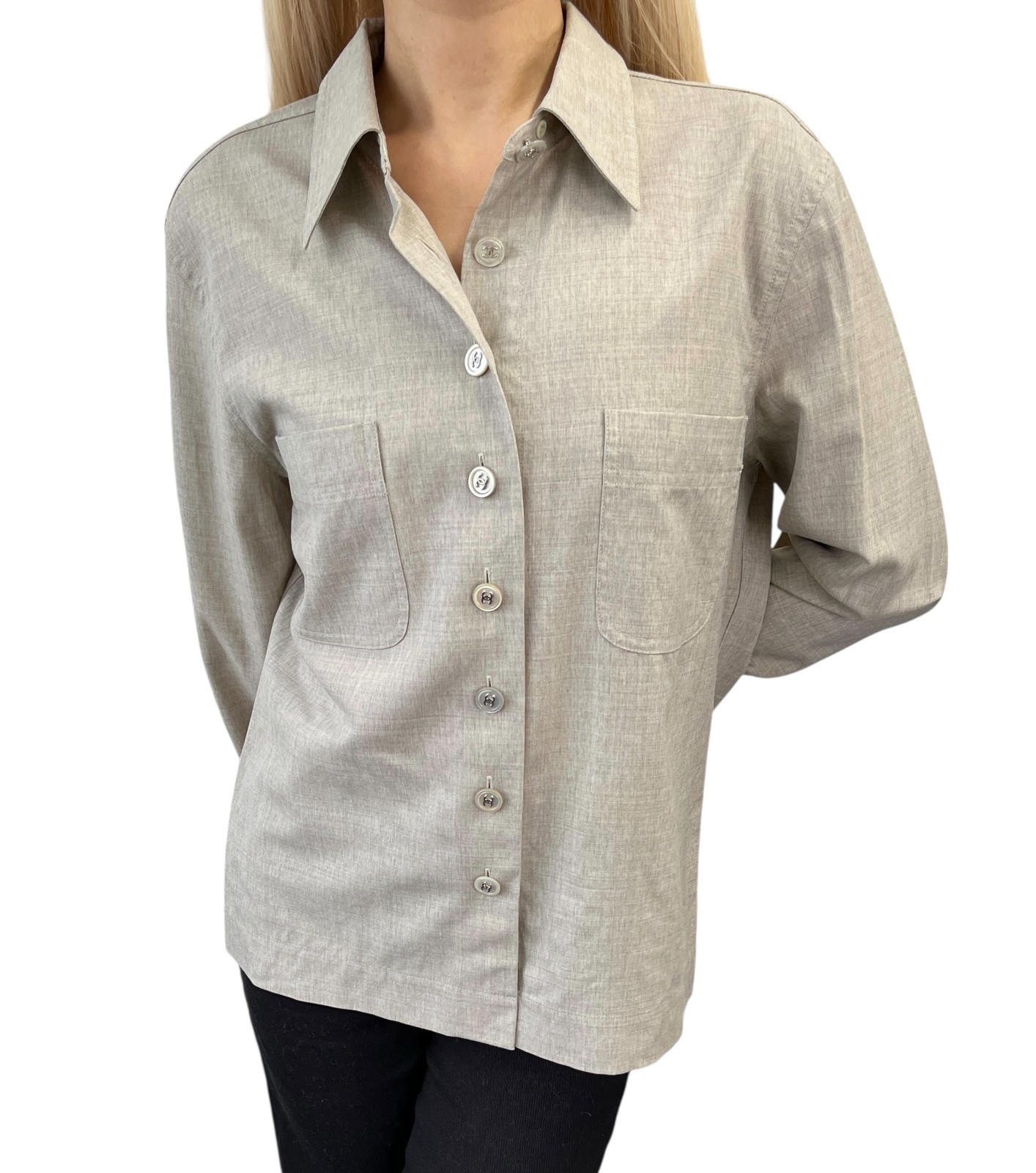 CHANEL Vintage CC Logo Button Up Shirt Blouse Top Beige Front Pocket Wool
