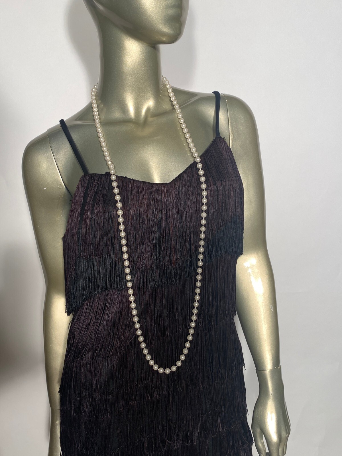 Multi Layered Black Fringe GoGo Dress Flapper Costume Nu-Mode Pearls Included