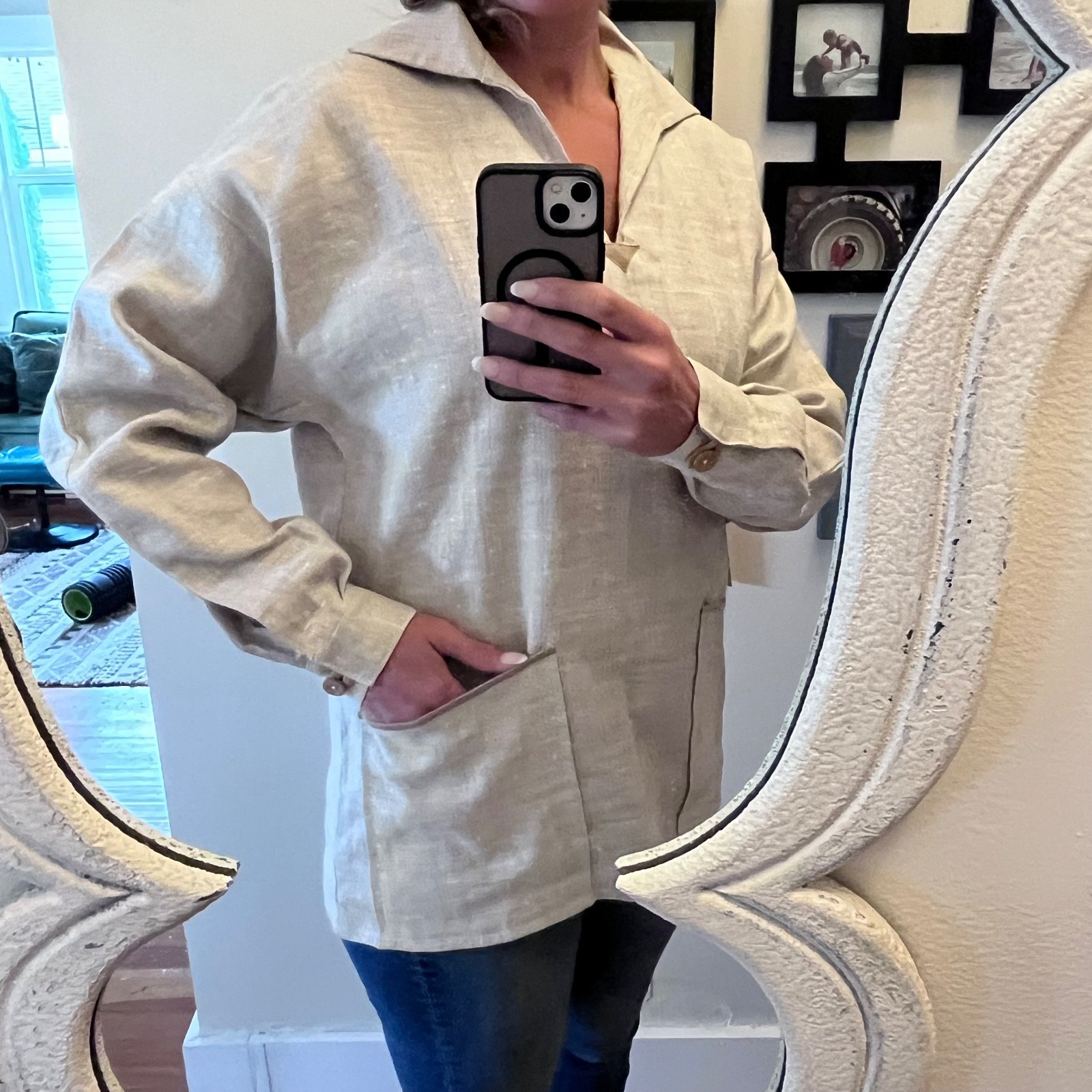 RARE Vintage 70s KINSALE SMOCK Moygashel 100$ Linen Fisherman Top Sz L