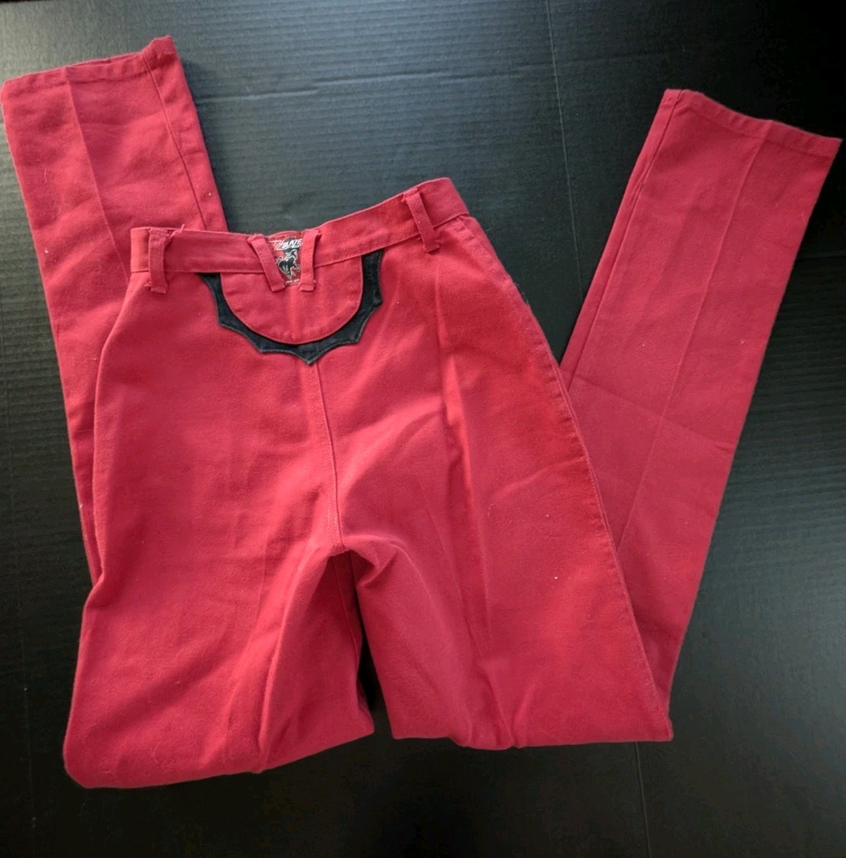 Rare 80s Vtg Blaze Red Black Batwing Rodeo Jeans High Rise 24 Waist 36 Inseam