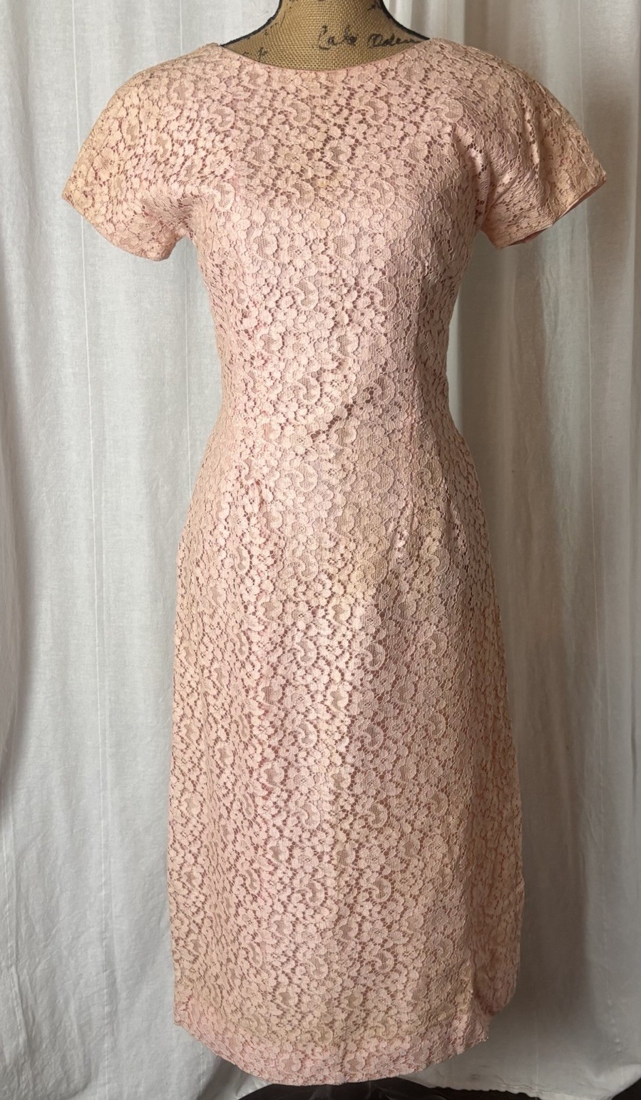 Vintage Pink Lace Body Con Wiggle Lined Cocktail Party Dress Sz S AS IS READ