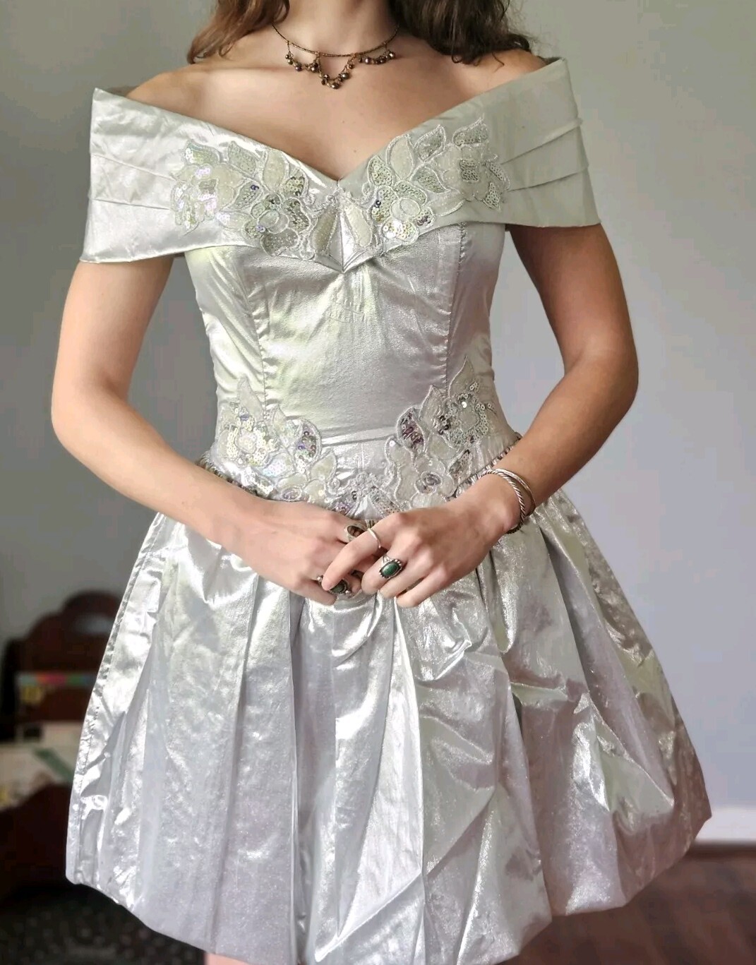 Vintage 1990s Gunne Sax Metallic Silver Lamé Party Dress