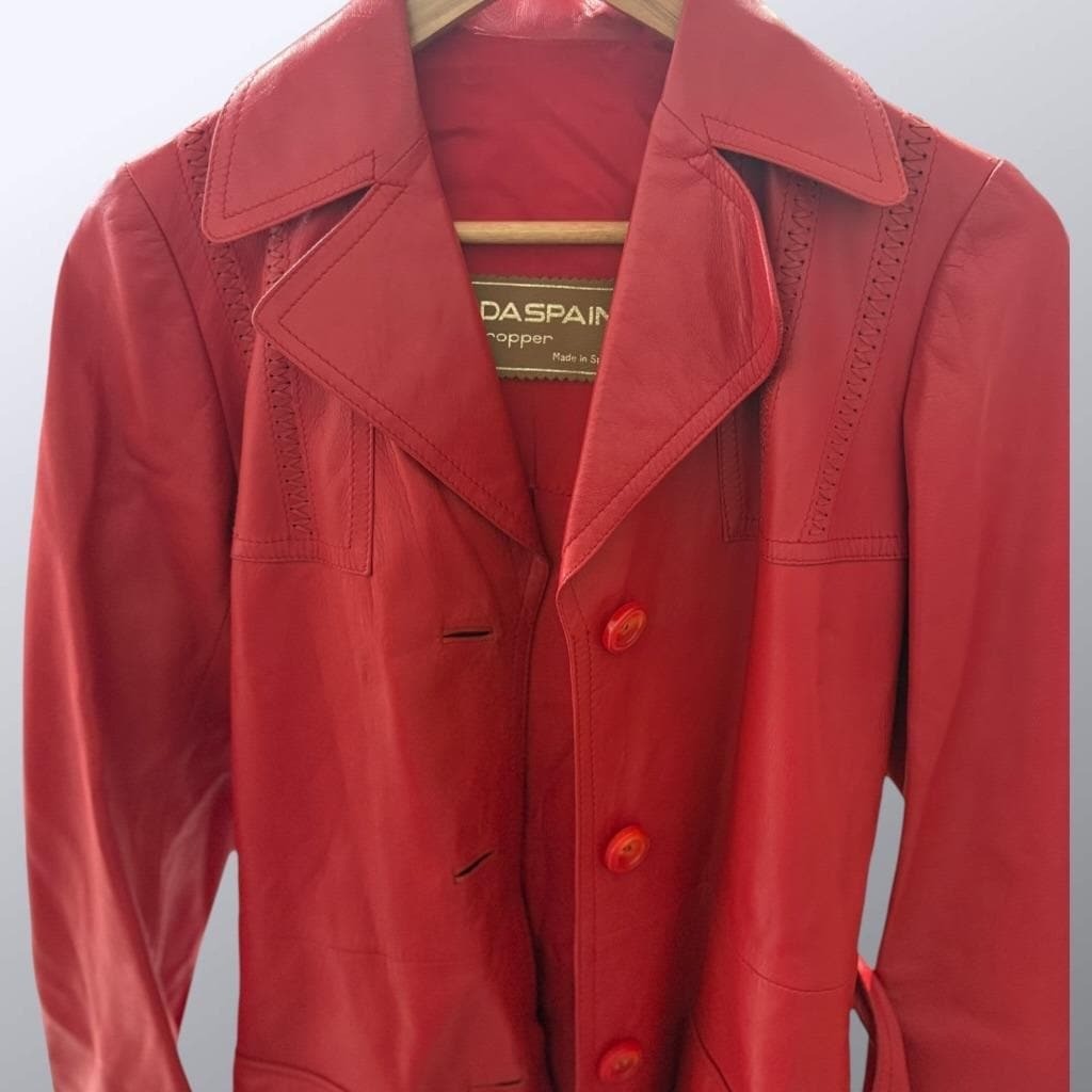 Leda Spain by Gropper Belted Leather Trenchcoat S Red — Excellent