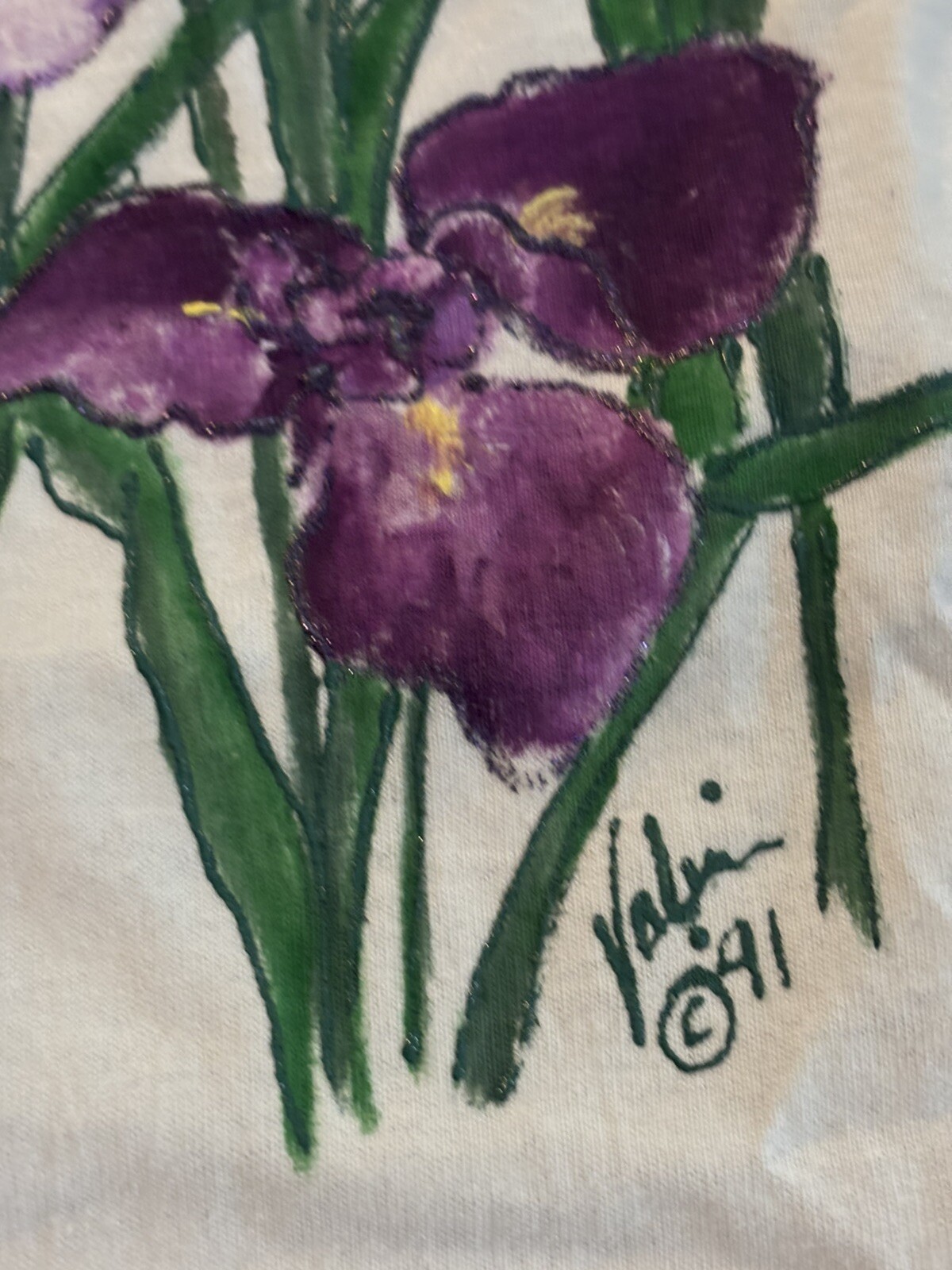 Vintage Valerie’s Creations Hand Painted Purple Iris Flowers T Shirt Sz XL