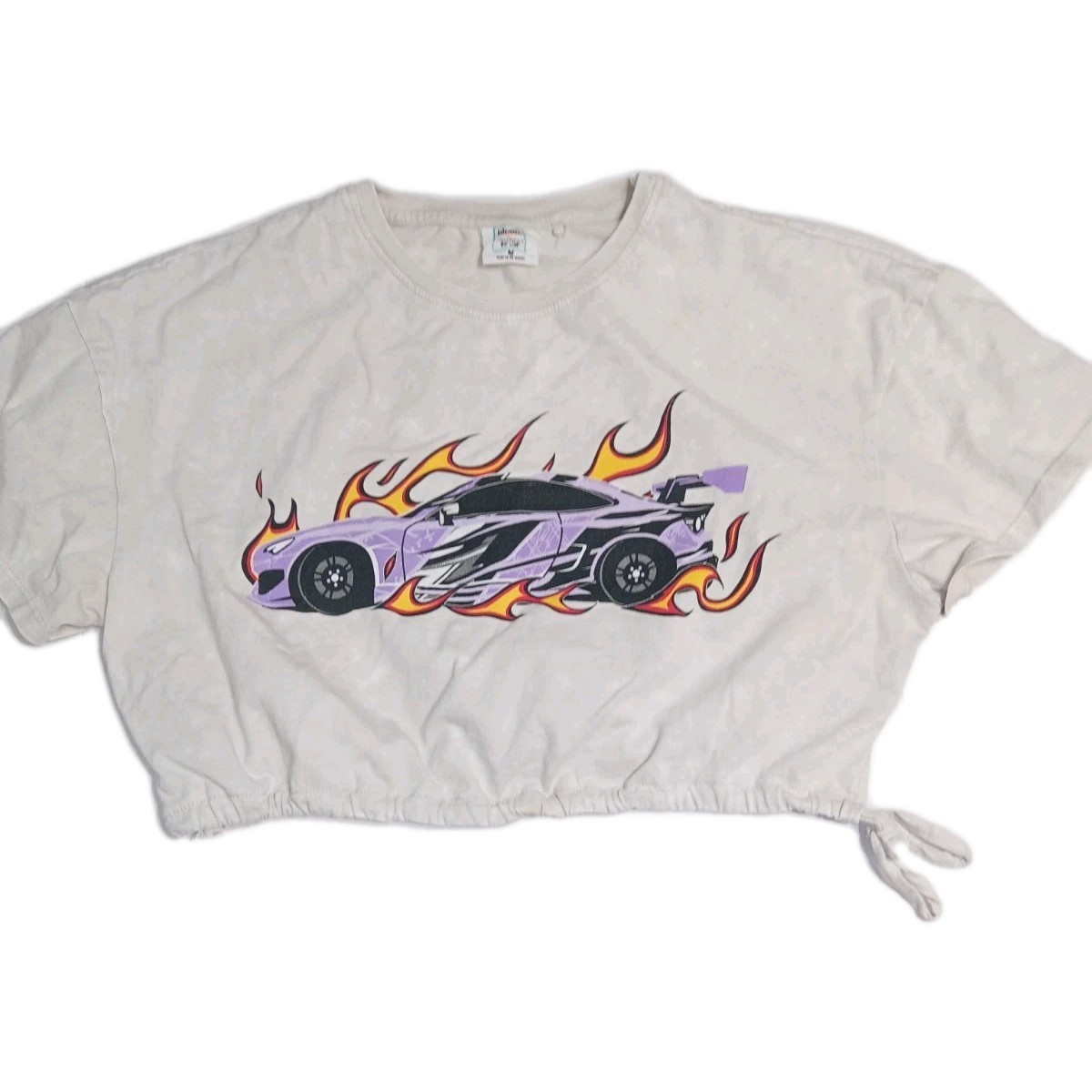 Y2K Race Car Flame Graphic Crop Top Womens Medium Tie Hem Streetwear Tee
