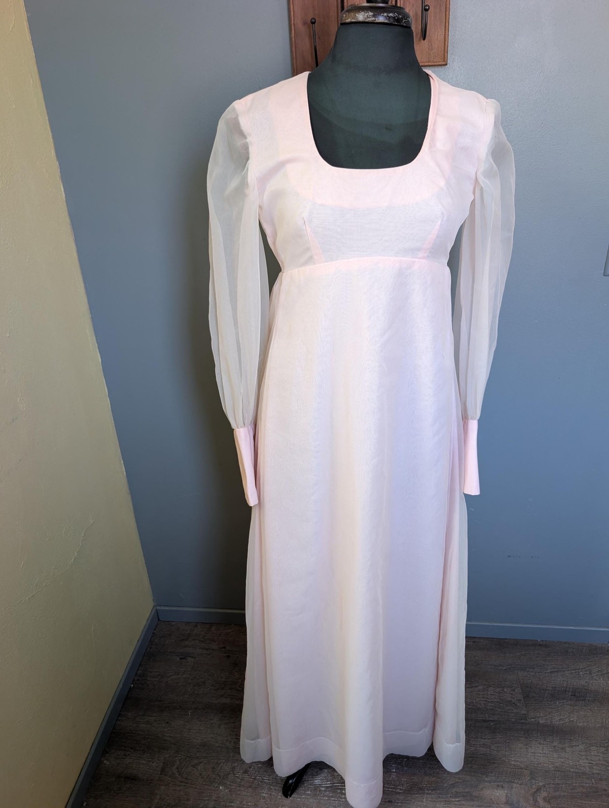 Vintage 70s Pink Empire Waist Maxi Dress; Formal Dress With Long Sleeves
