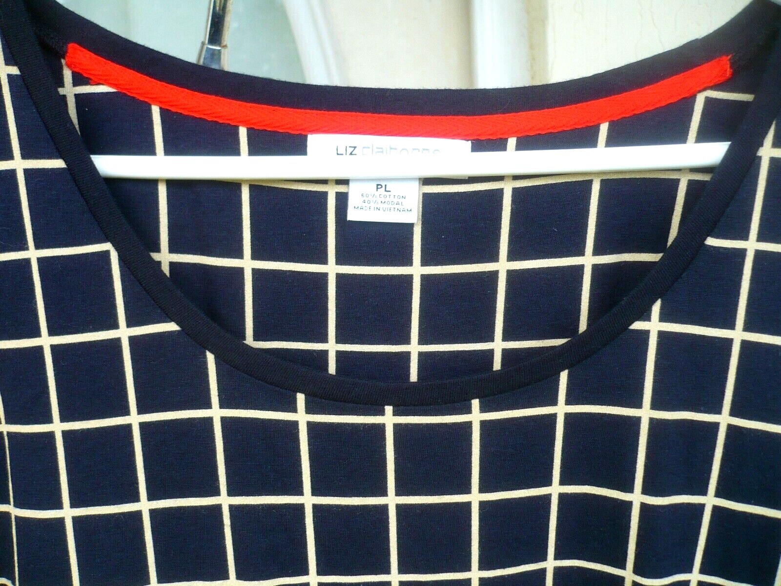 VTG LIZ CLAIBORNE MODAL COTTON BLACK BEIGE WINDOWPANE PLAID KNIT TOP P L M WOMEN