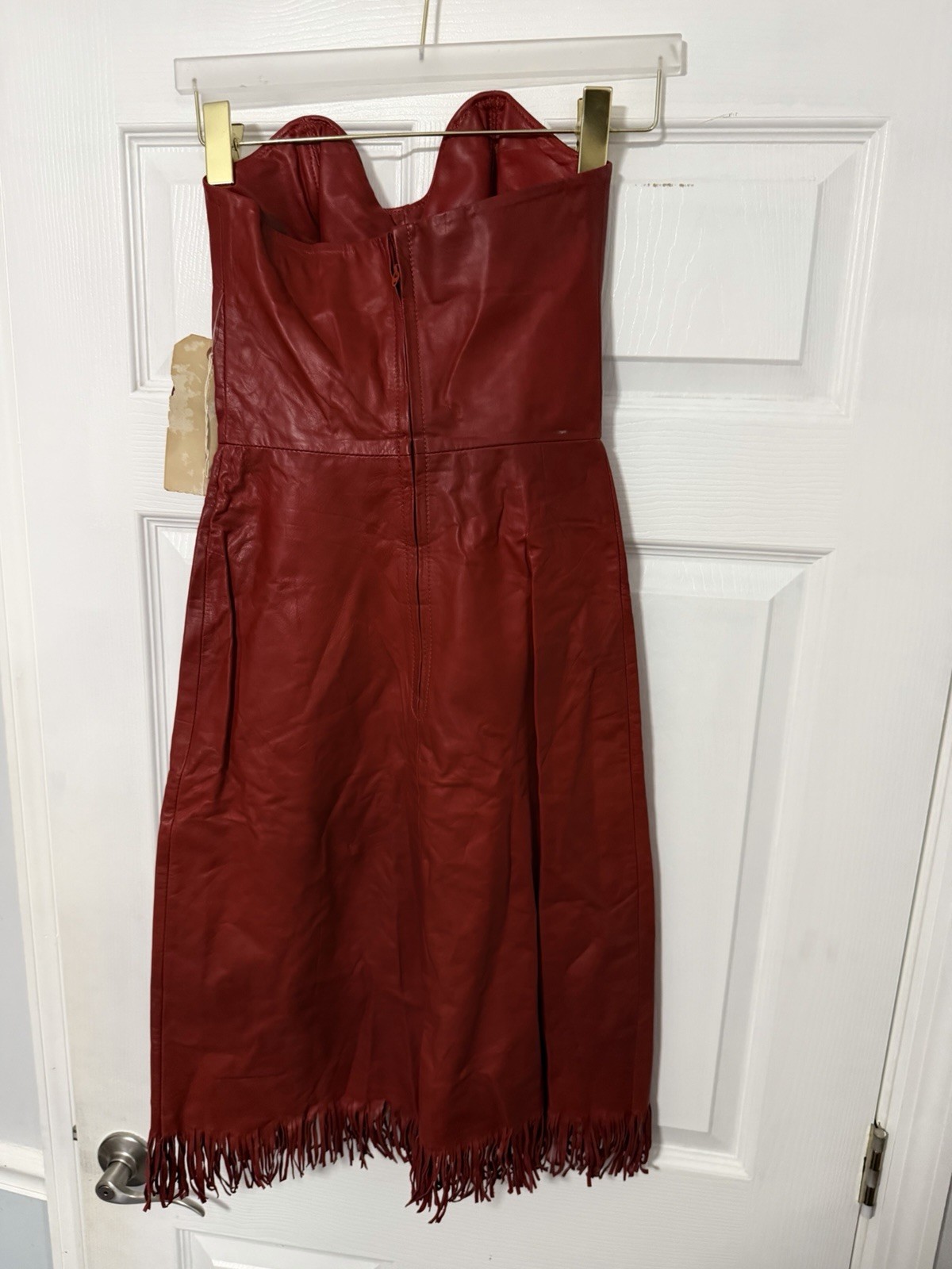 Vintage Red Genuine Leather Fringe Strapless Dress Western Cowgirl Boho